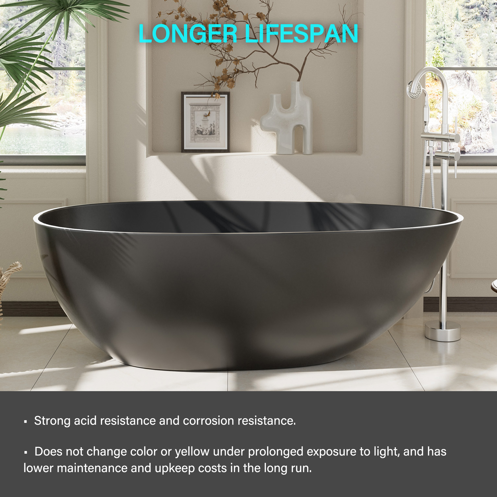 Luxury 59" Solid Surface White Freestanding Soaking Bathtub with Drain