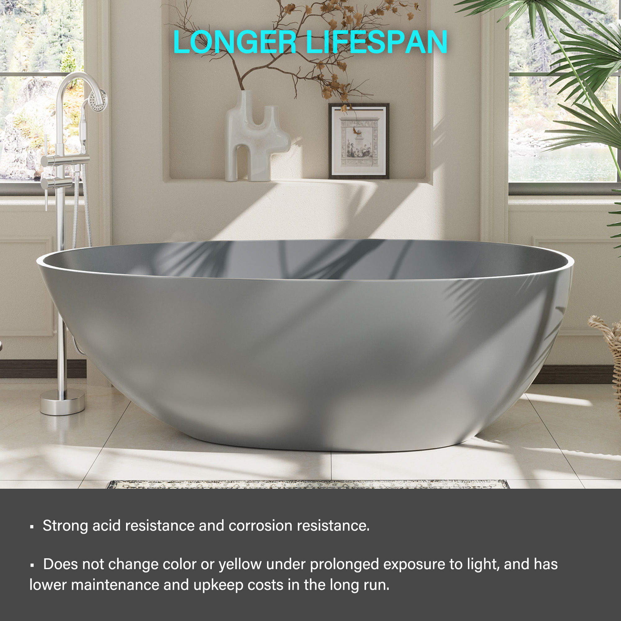 Luxury 59" Solid Surface White Freestanding Soaking Bathtub with Drain
