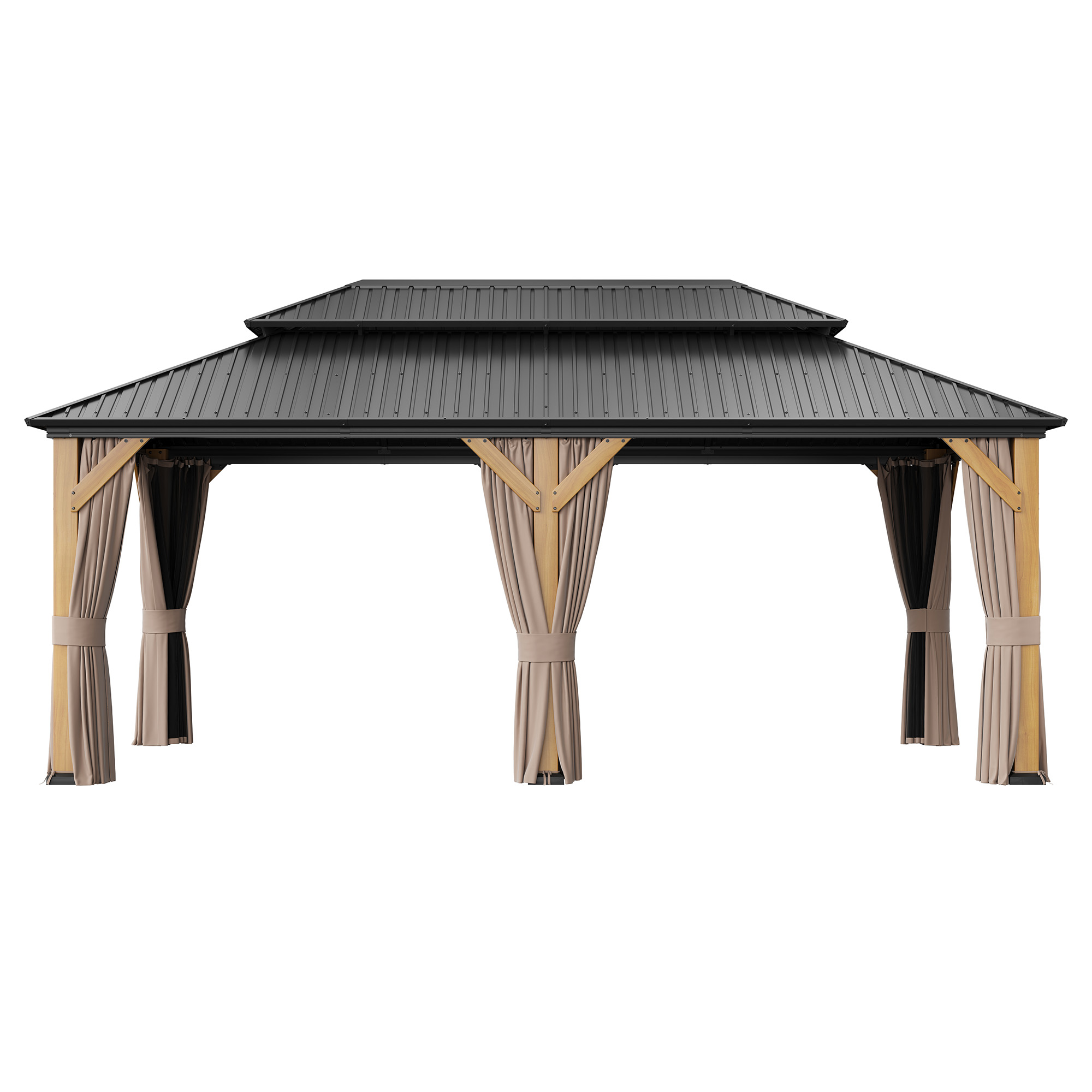 12x20 ft Outdoor Cedar Wood Frame Gazebo Galvanized Steel Hardtop Double Roof Permanent Metal Pavilion with Curtains and Netting