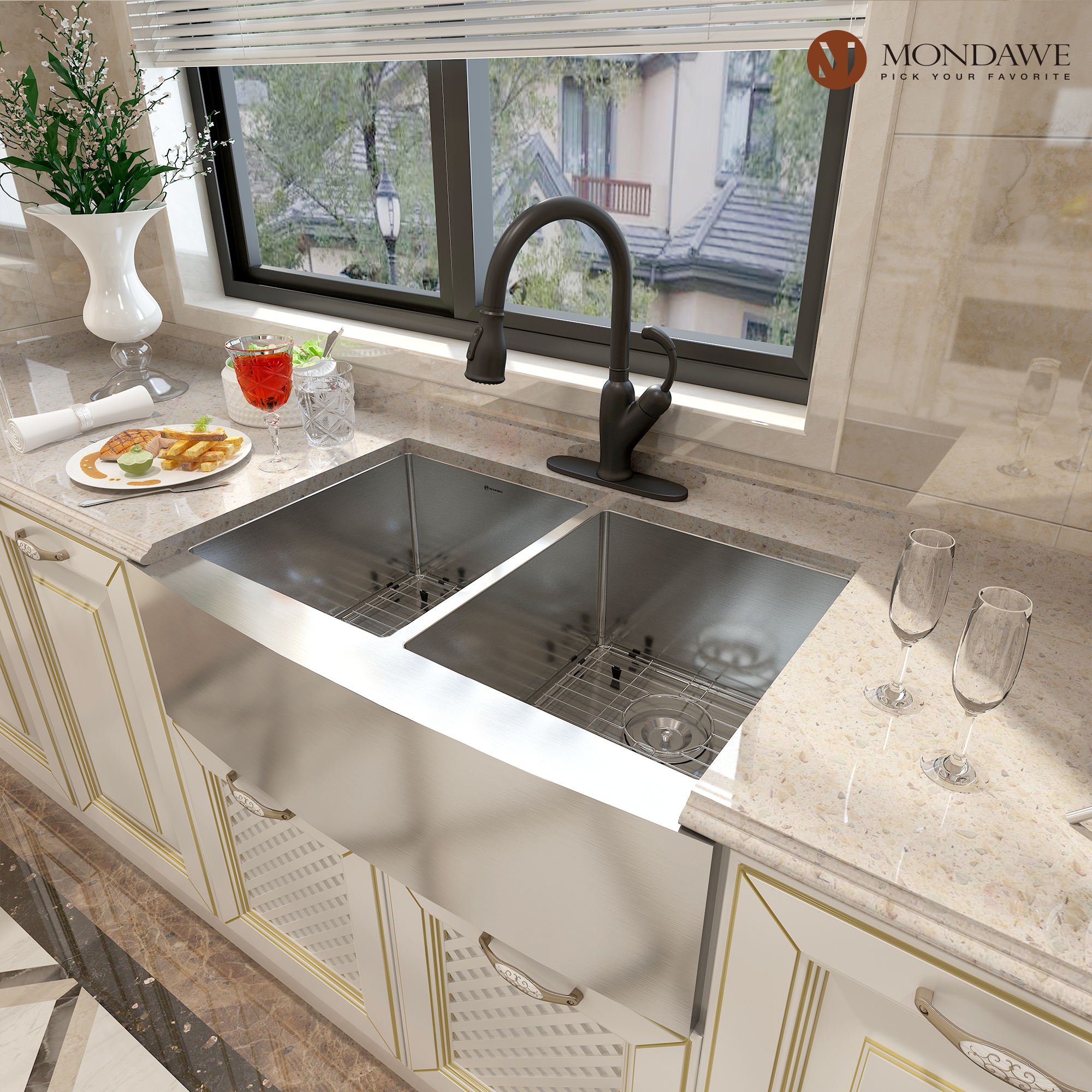 33 inch Farmhouse Apron Front 33-in x 22-in Brushed Stainless Steel Double Bowl Kitchen Sink-Mondawe