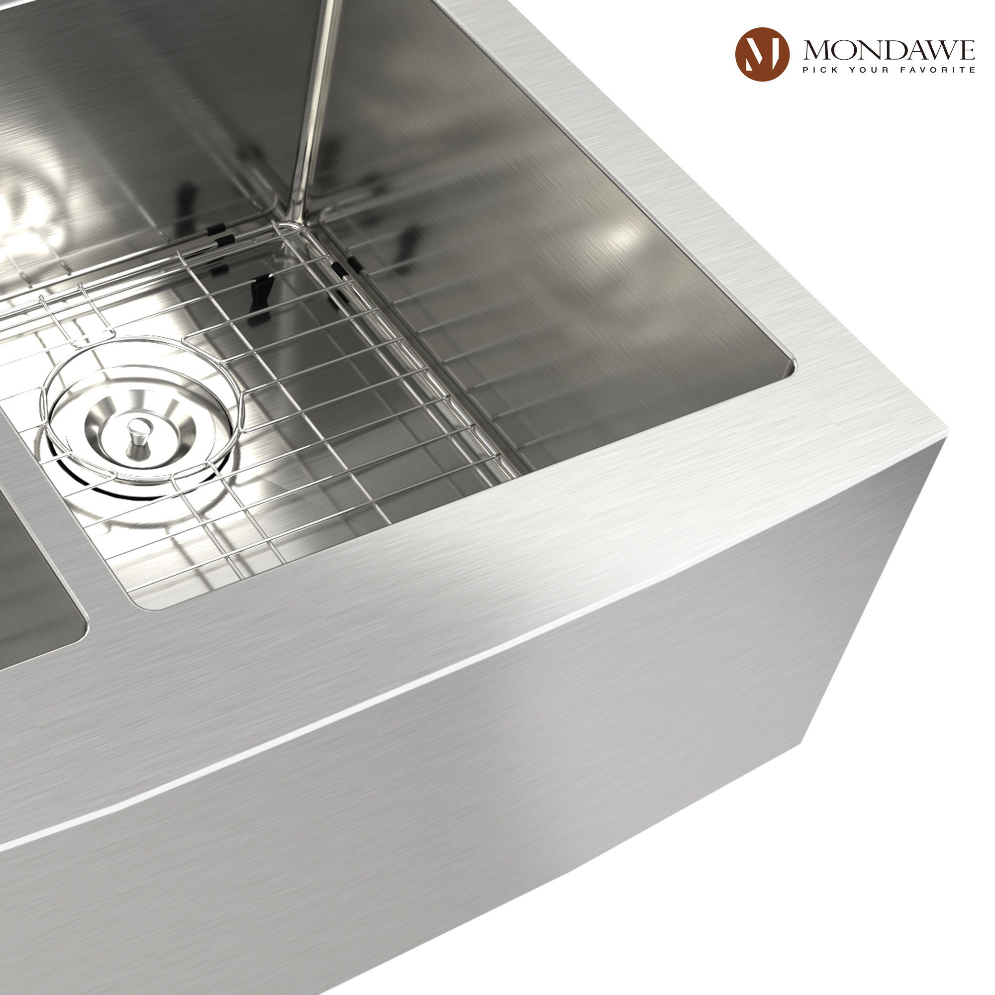 33 inch Farmhouse Apron Front 33-in x 22-in Brushed Stainless Steel Double Bowl Kitchen Sink-Mondawe