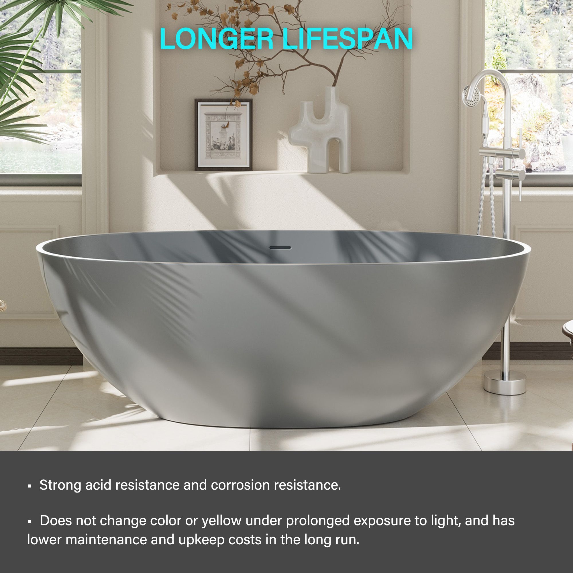 65" Solid Surface Oval Soaking Bathtub with Drain