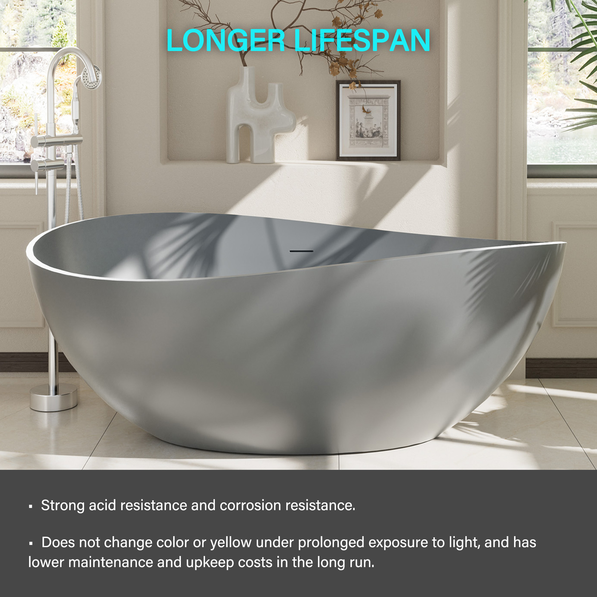 63" Free Standing Tub, Matte White Stone Resin Freestanding Bathtub Solid Surface Soaking Tub with Drain, Drain Hose & Sanding Paper