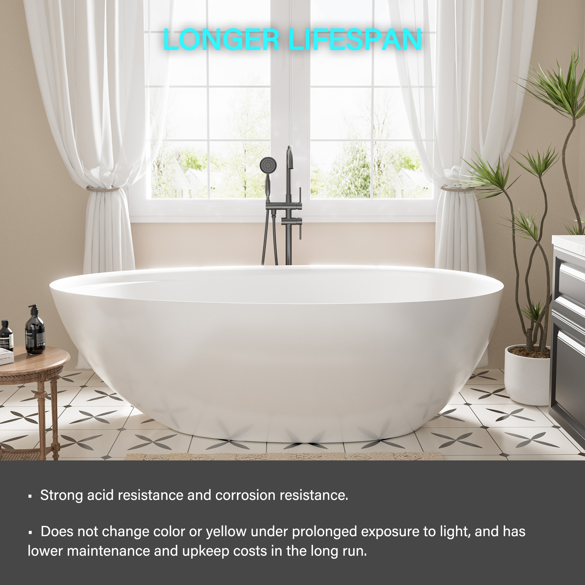 Boyel living 67" Free Standing Tub, Stone Resin Freestanding Tub Large Space Solid Surface Matte White Soaking Tub with Drain, Drain Hose & Sanding Paper