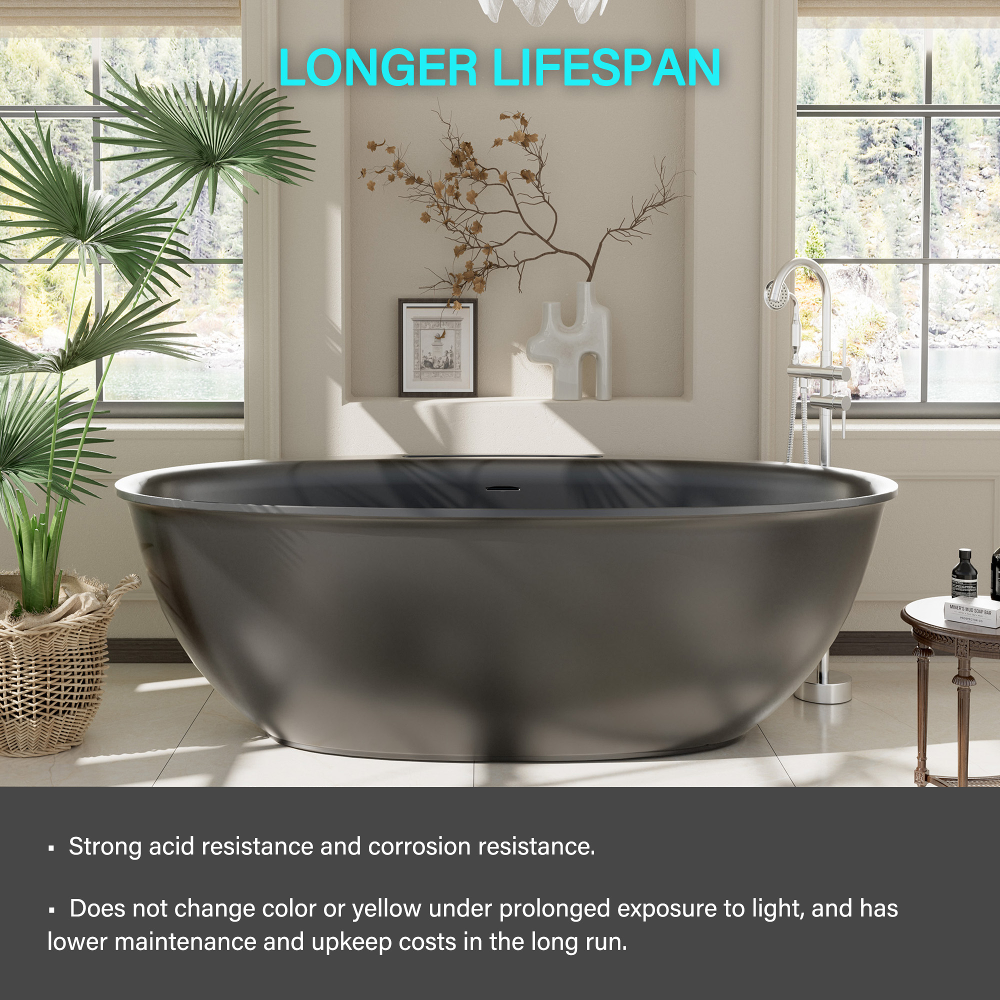 63" Free Standing Tub Stone Resin Freestanding Bathtub Matte White Solid Surface Soaking Tub with Drain, Drain Hose & Sanding Paper