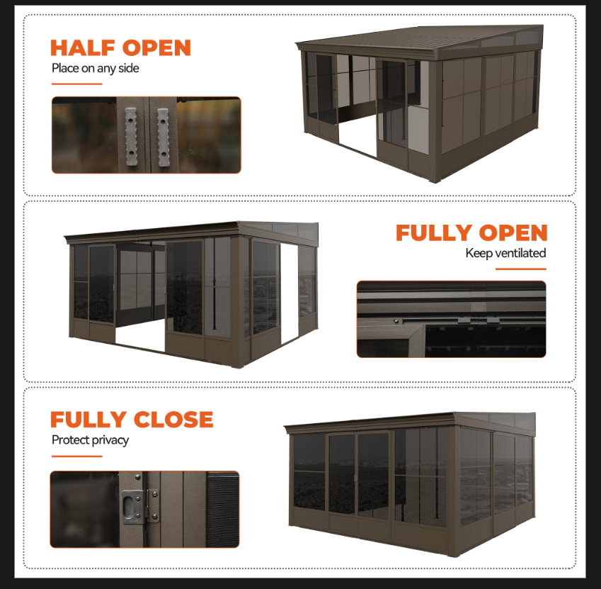 12 ft. x 14 ft. Wall Mounted Gazebo, All-Season Patio Gazebo Sunroom with Side Door, Outdoor Permanent Sunroom