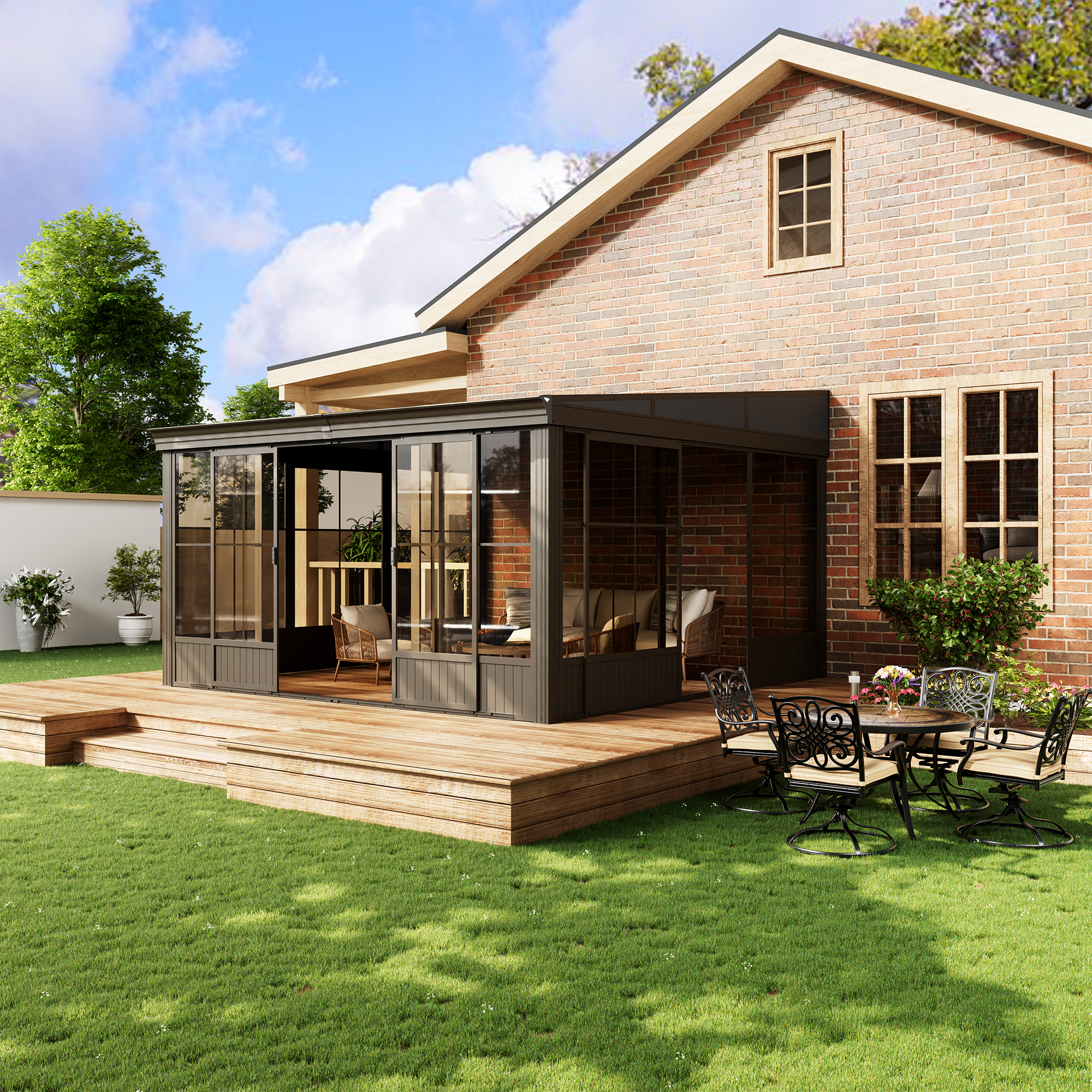 12 ft. x 14 ft. Wall Mounted Gazebo, All-Season Patio Gazebo Sunroom with Side Door, Outdoor Permanent Sunroom