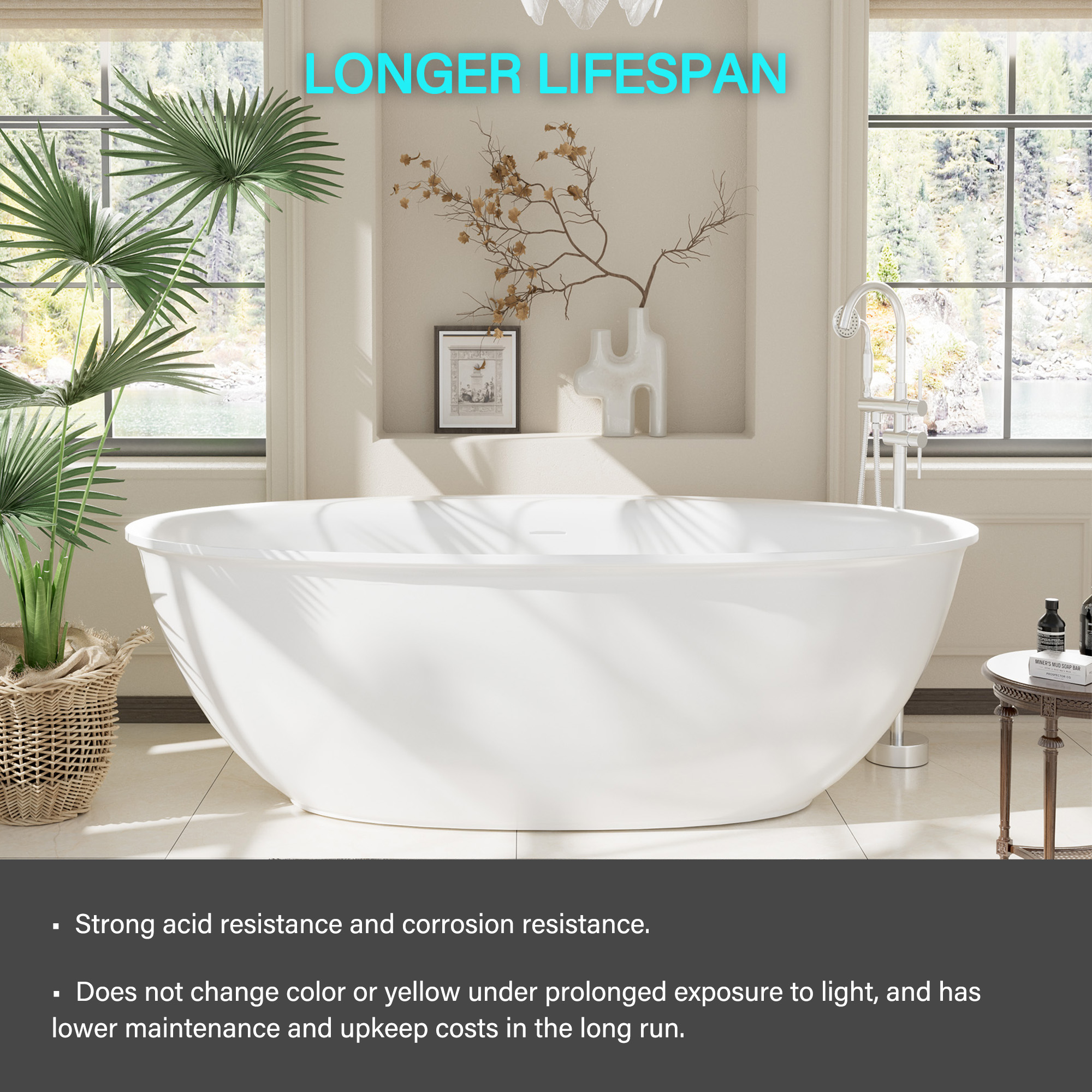 63" Free Standing Tub Stone Resin Freestanding Bathtub Matte White Solid Surface Soaking Tub with Drain, Drain Hose & Sanding Paper