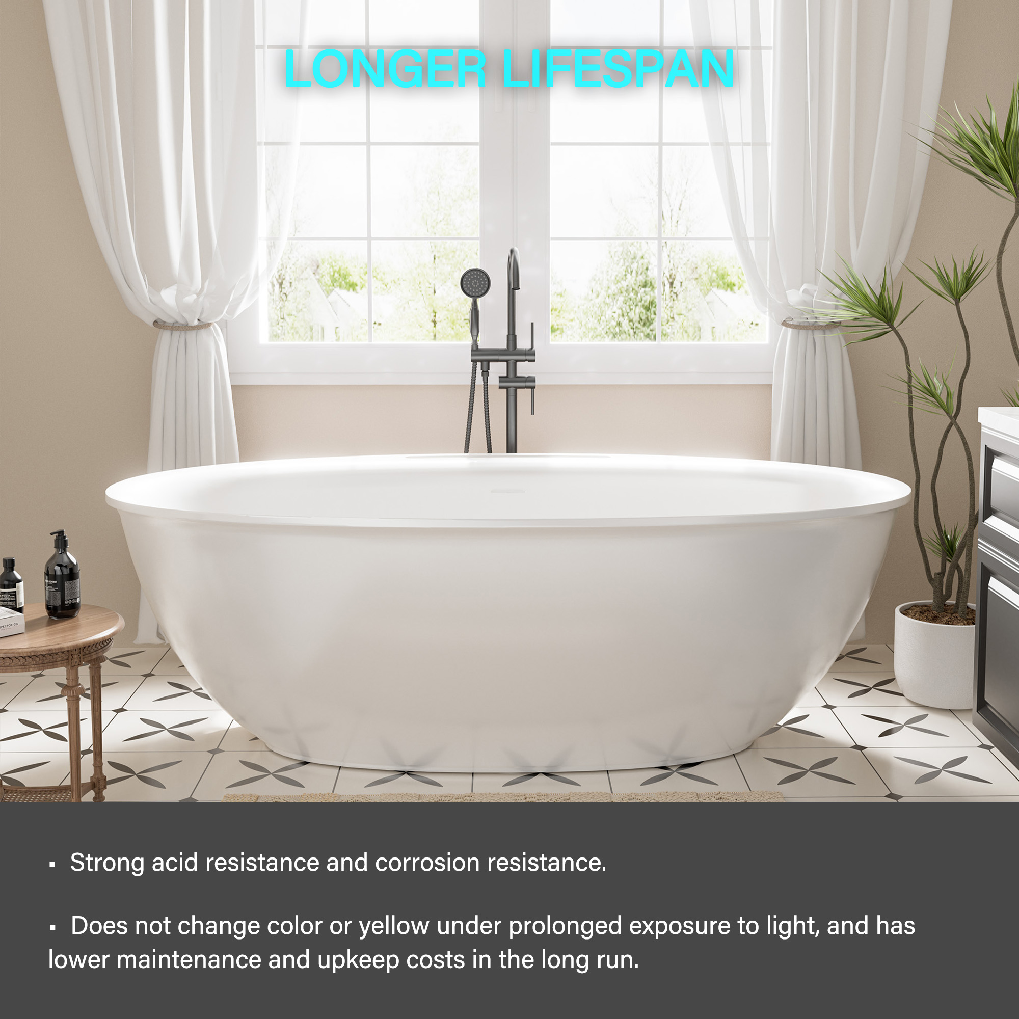 Matte white 67-inch artificial stone freestanding bathtub, hand-polished, with drainer + drain cover + drain pipe