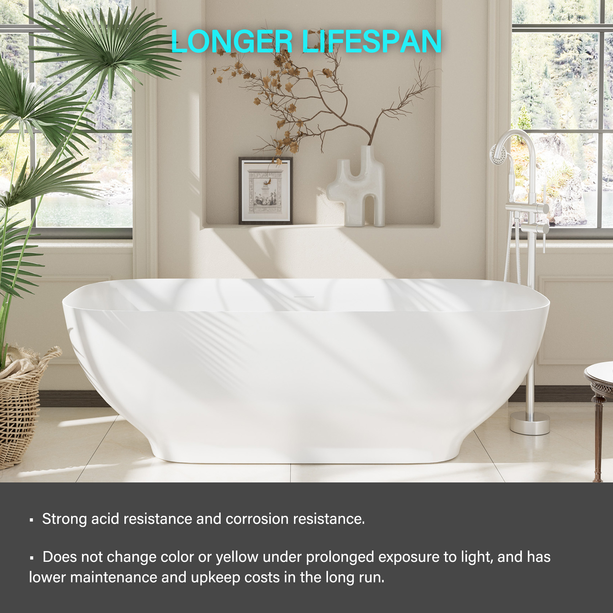 Matte white 67-inch artificial stone freestanding bathtub, can match any decoration style