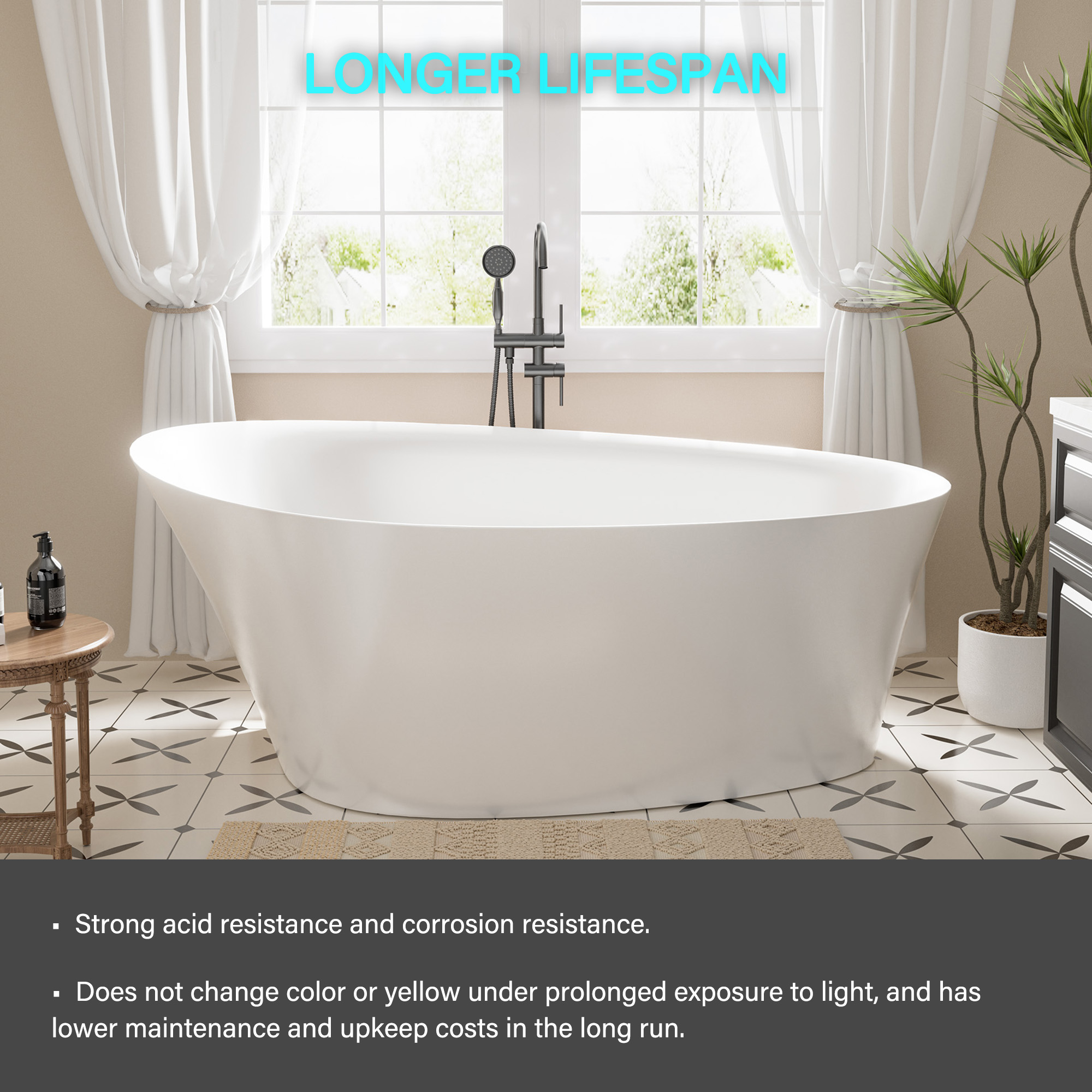 Boyel Living Matte white 65-inch artificial stone freestanding bathtub, can match any decoration style, 65"(L) x 37"(W) x 24"(H)
