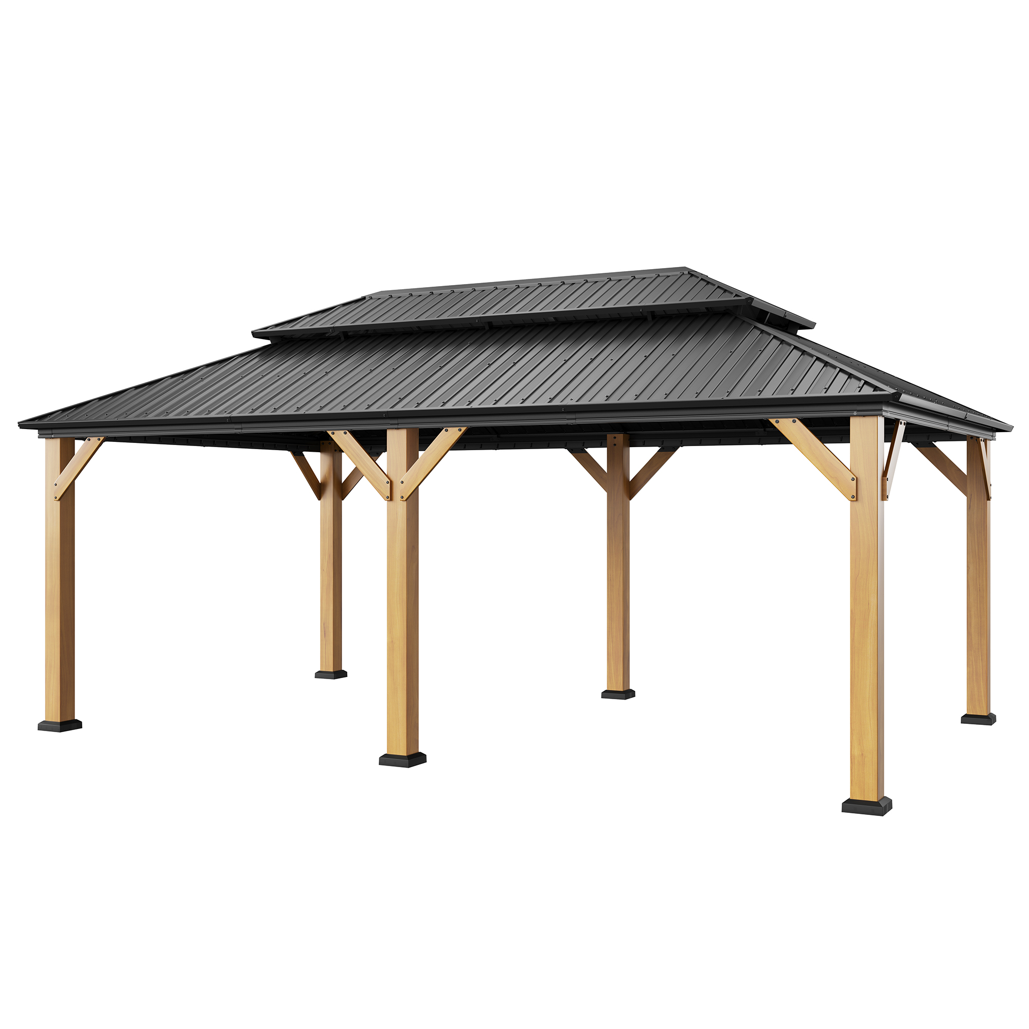 Outdoor Cedar Wood Frame Canopy with Galvanized Steel Double Roof, Outdoor Permanent Metal Pavilion with Curtains and Netting for Patio, Backyard and Lawn
