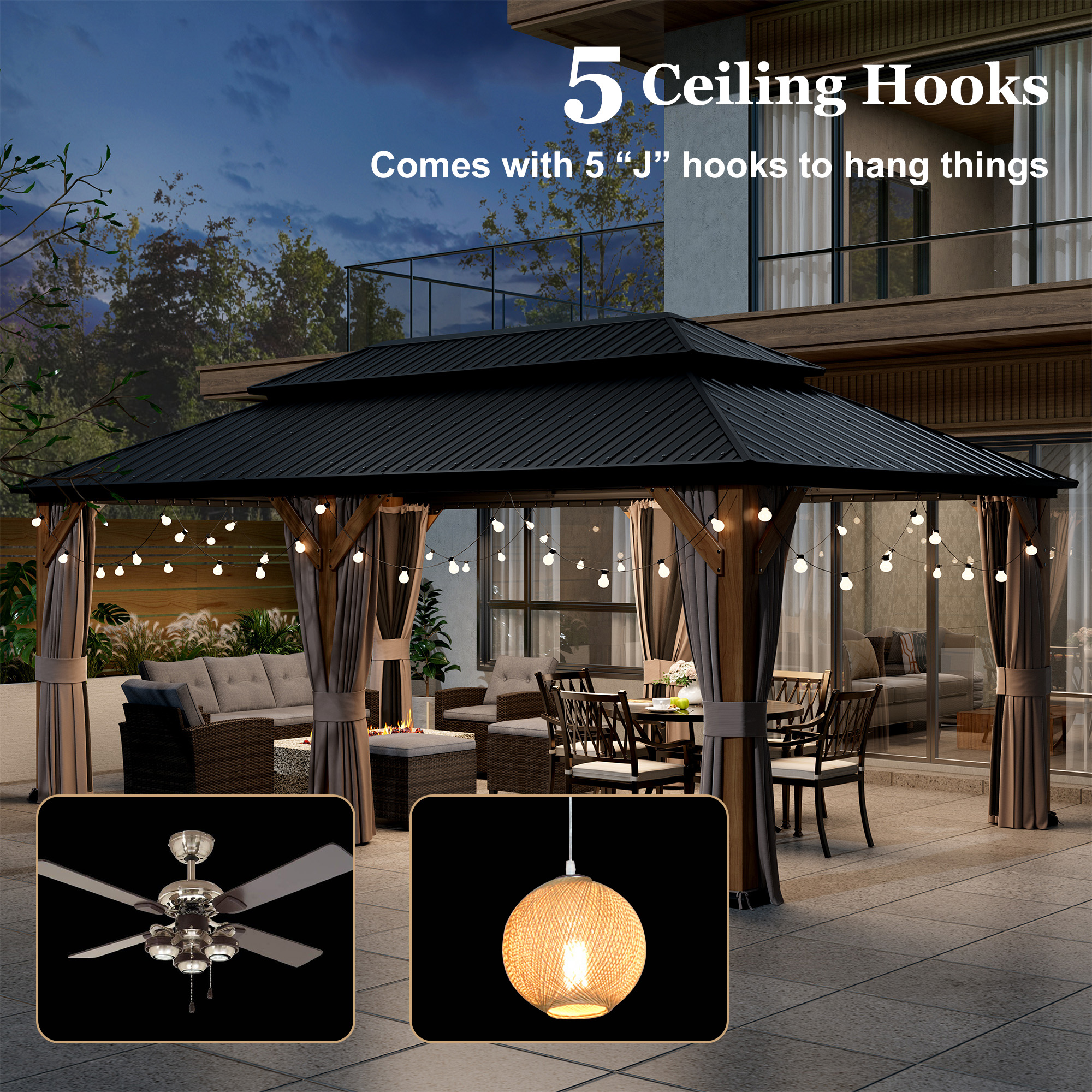 Outdoor Cedar Wood Frame Canopy with Galvanized Steel Double Roof, Outdoor Permanent Metal Pavilion with Curtains and Netting for Patio, Backyard and Lawn