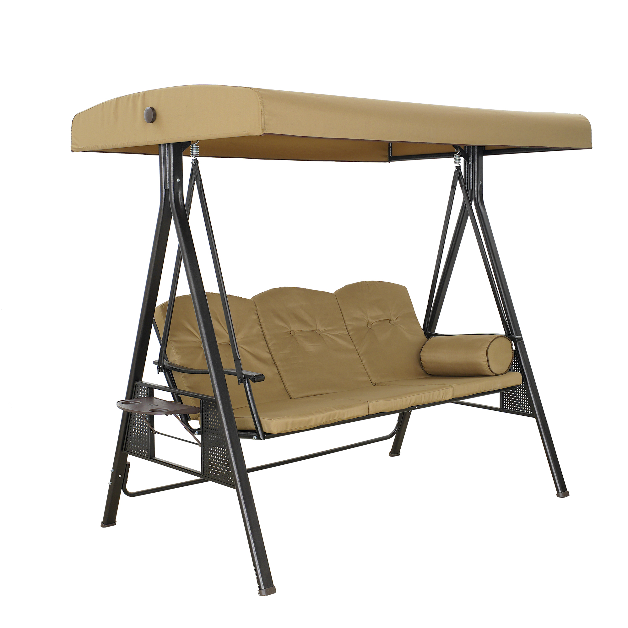 Steel 3 Person Patio Swing Chair Swinging Outdoor Chair with Removable Mat, Cushion and Convertible Canopy