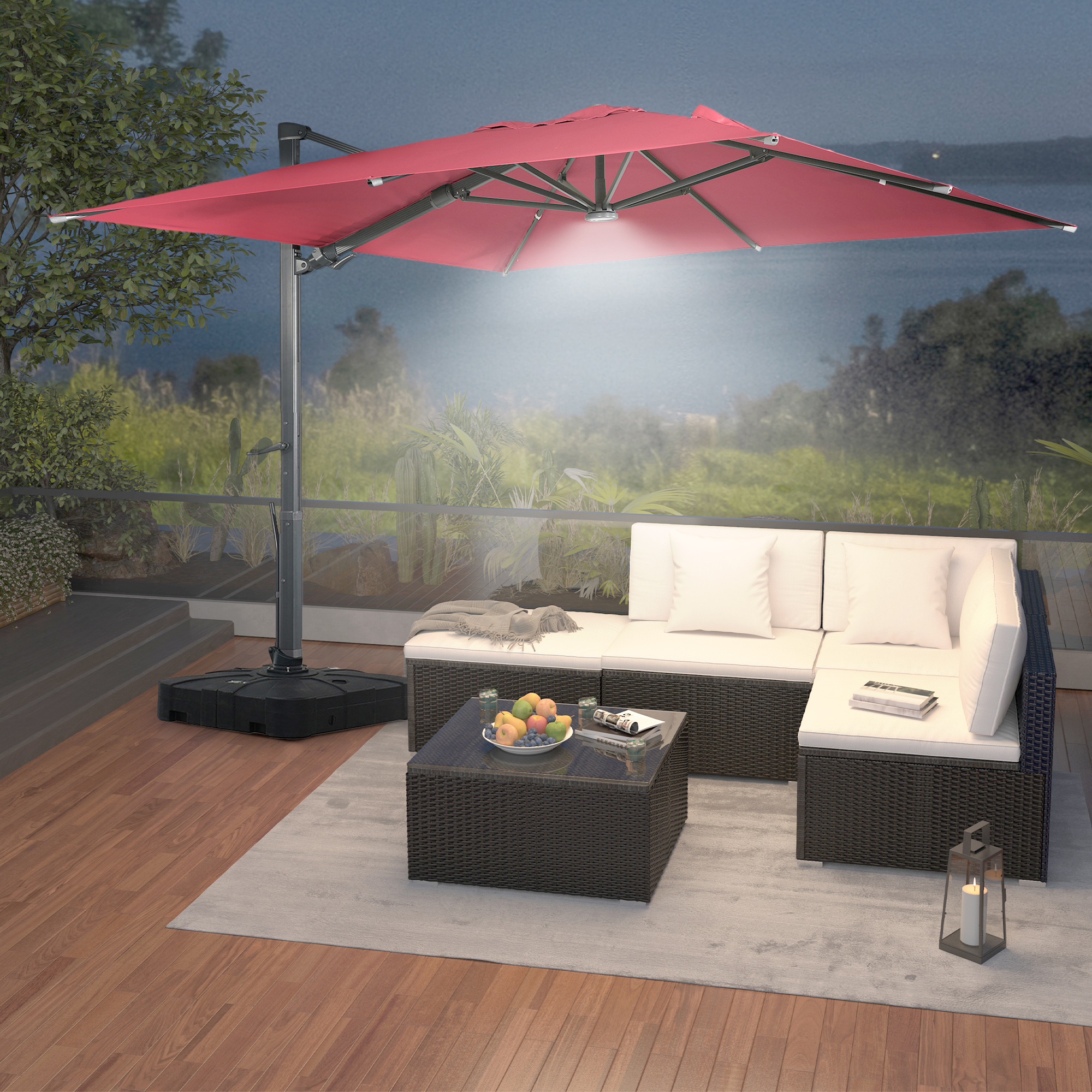 Square Aluminum Cantilever Patio Umbrella with 90° Tilt, LED & Bluetooth Mood Light, and Base Included