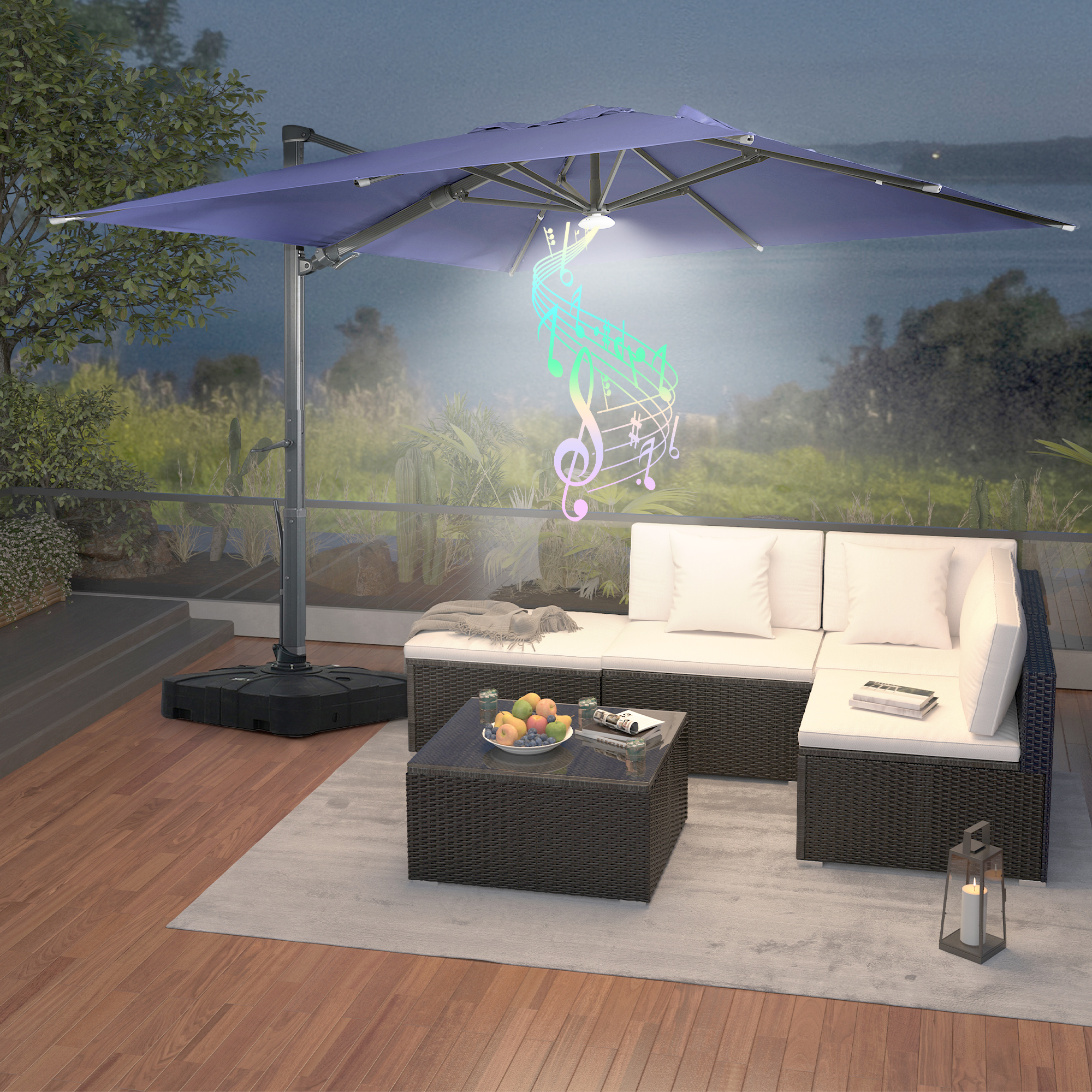 Square Aluminum Cantilever Patio Umbrella with 90° Tilt, LED & Bluetooth Mood Light, and Base Included