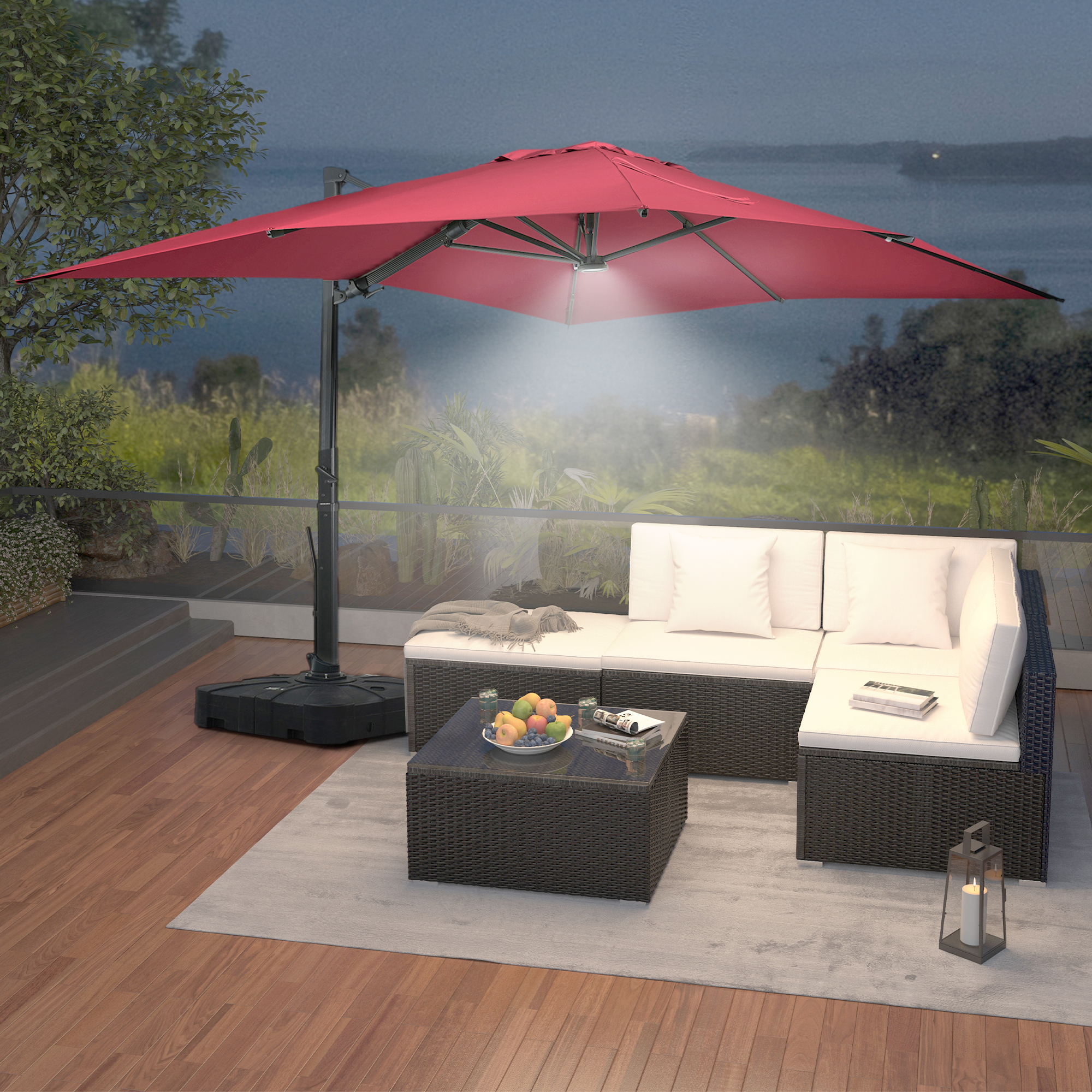 Square Aluminum Cantilever Patio Umbrella with 90° Tilt, LED & Bluetooth Mood Light, and Base Included