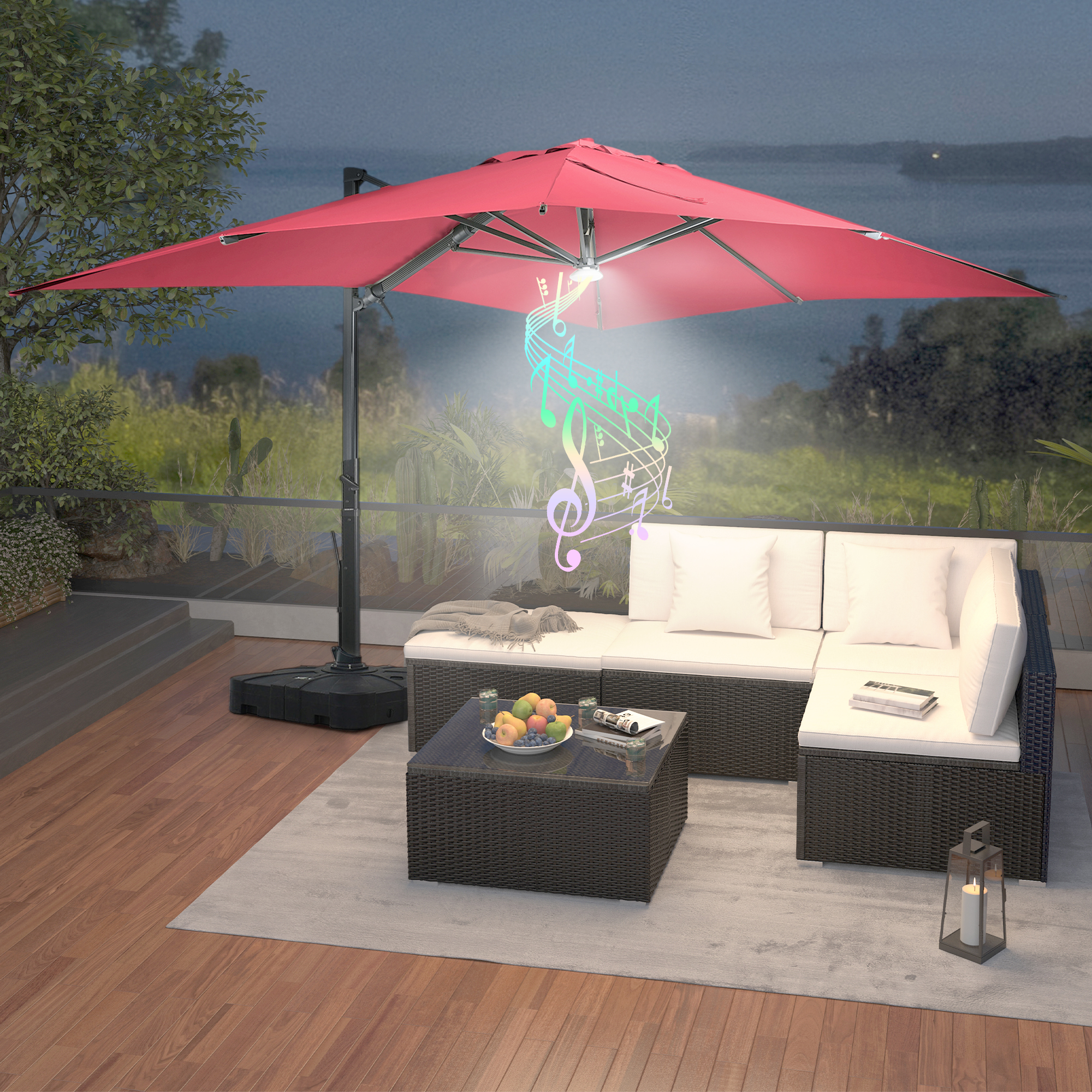Square Aluminum Cantilever Patio Umbrella with 90° Tilt, LED & Bluetooth Mood Light, and Base Included