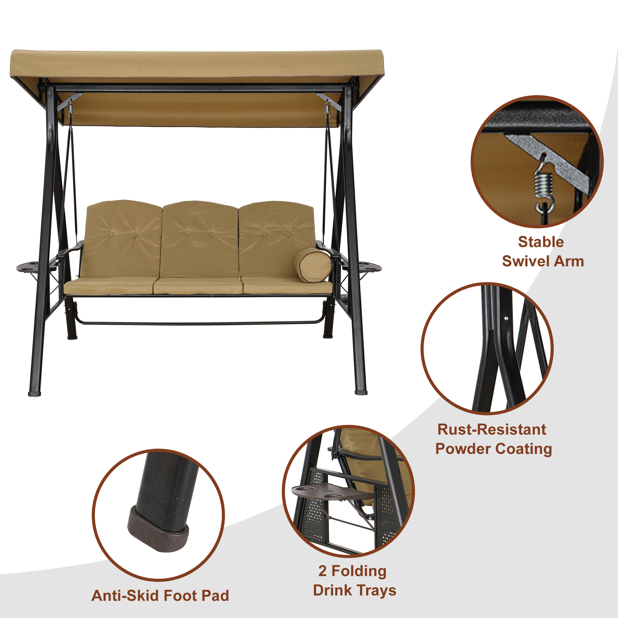 Steel 3 Person Patio Swing Chair Swinging Outdoor Chair with Removable Mat, Cushion and Convertible Canopy
