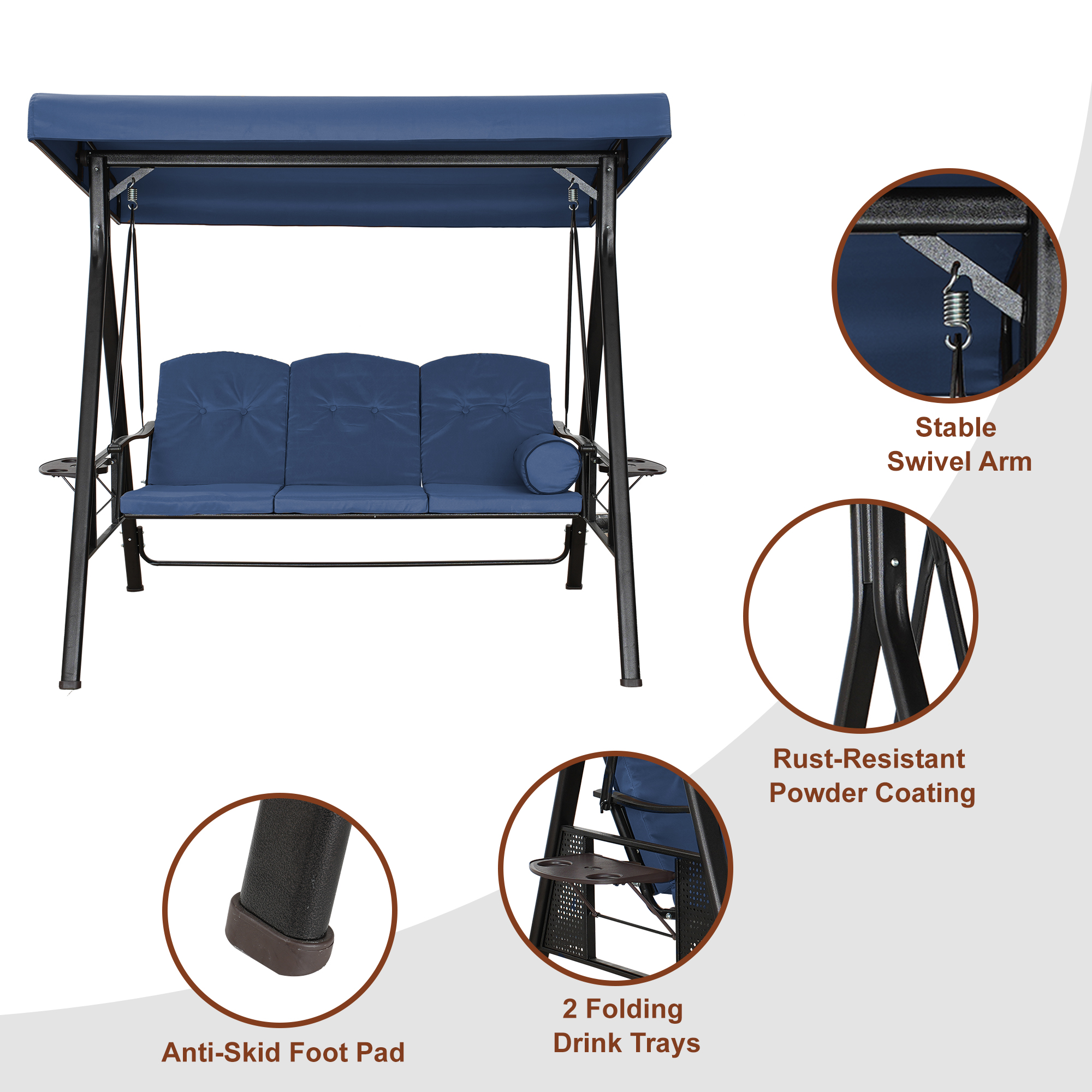 Steel 3 Person Patio Swing Chair Swinging Outdoor Chair with Removable Mat, Cushion and Convertible Canopy