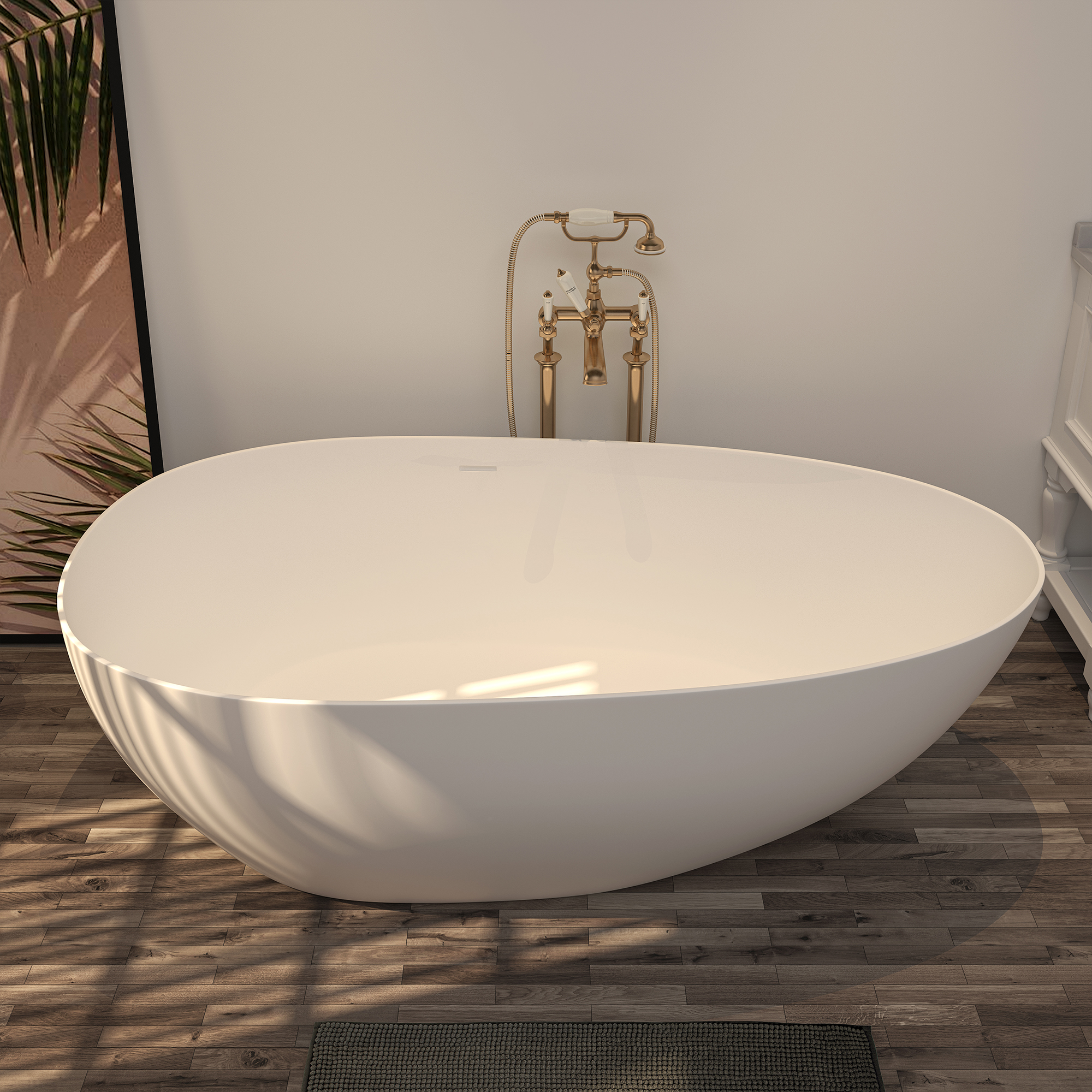71'' Resin Stone Freestanding Bathtub, Solid Surface Matte White Free Standing Tub, Egg Shape Stand Alone Soaking Tubs with Drain, Drain Hose & Sanding Paper