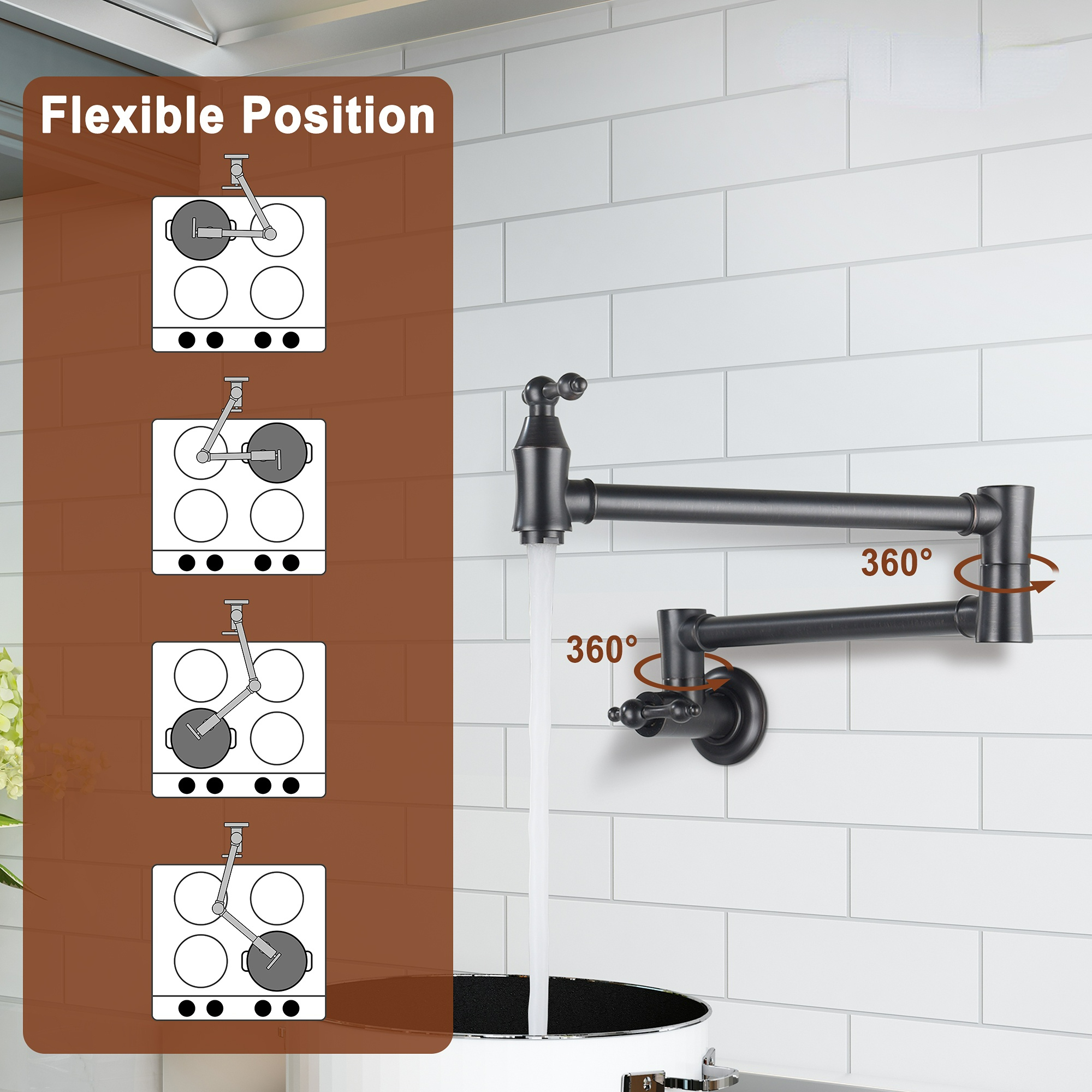  1.8 GPM Pot Filler Faucet, Single Hole 2 Handles Kitchen Faucet, Double Joint Swing Arm Pot Filler Faucet, Solid Brass