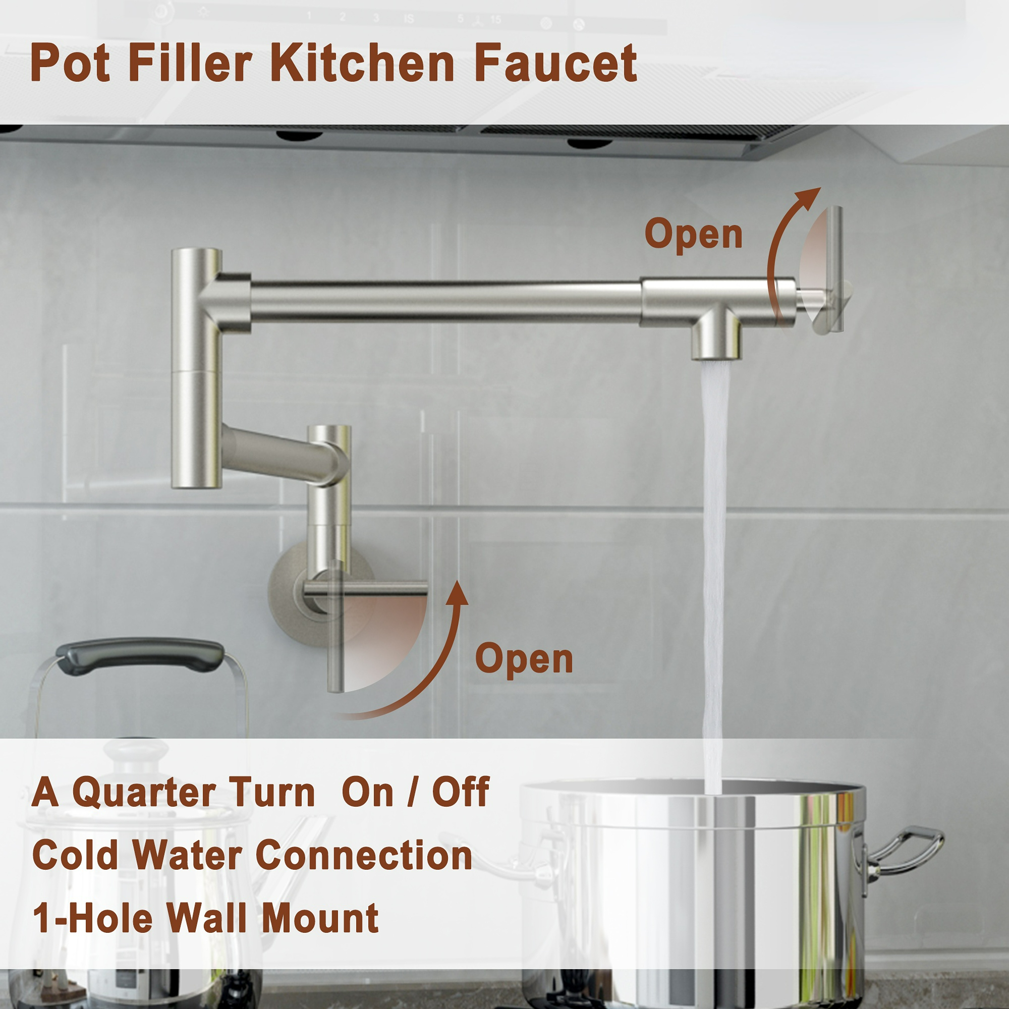 Pot Filler Faucet Wall Mount Kitchen Sink Faucet Stove Pot Filling Faucet with Double Joint Swing Arms Folding Faucet, Solid Brass Material, Lead-Free, Single Hole, Brushed Nickel