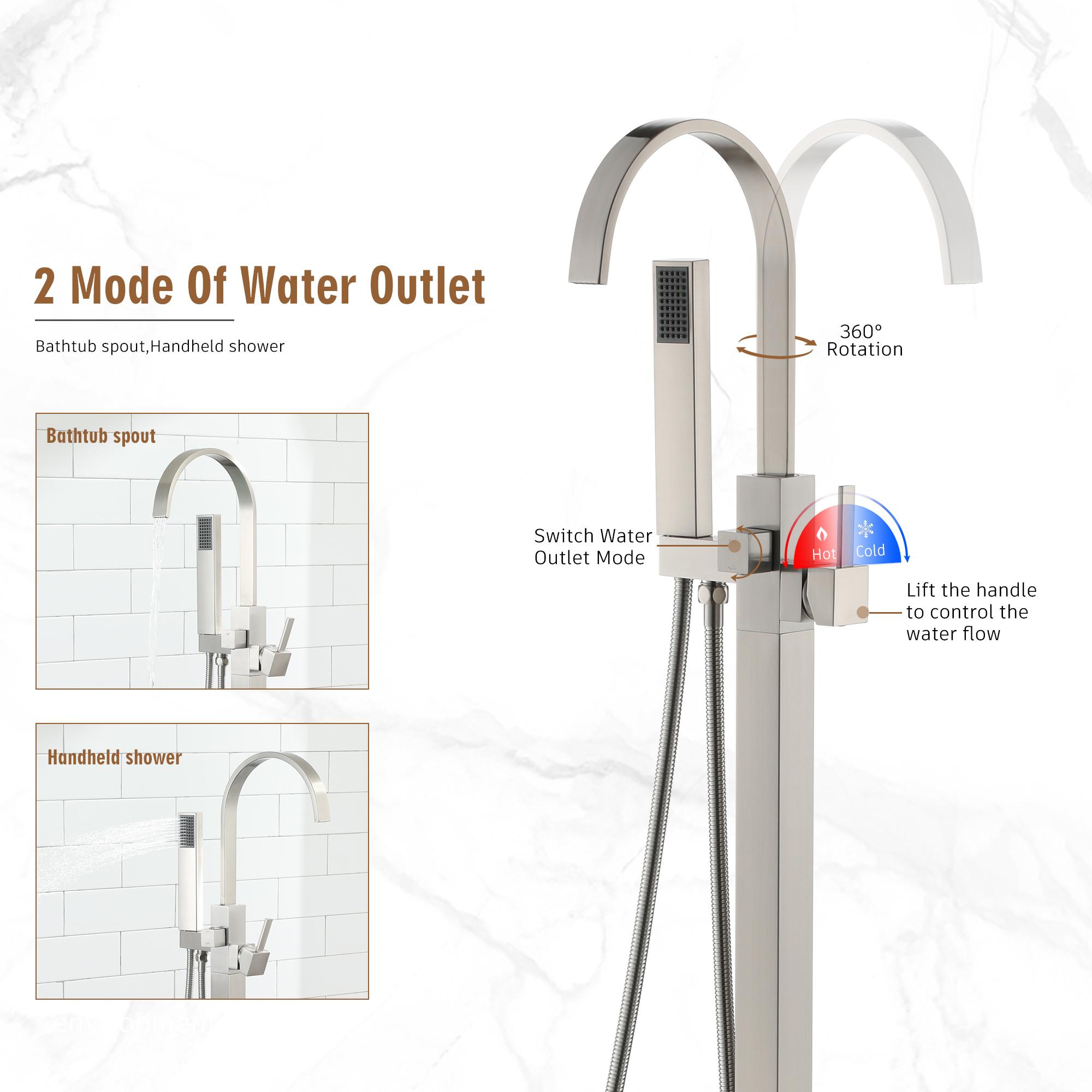 Single-Handle Floor-Mounted Bathtub Faucet High Flow Bathroom Tub Filler with Hand Shower, Brushed Nickel