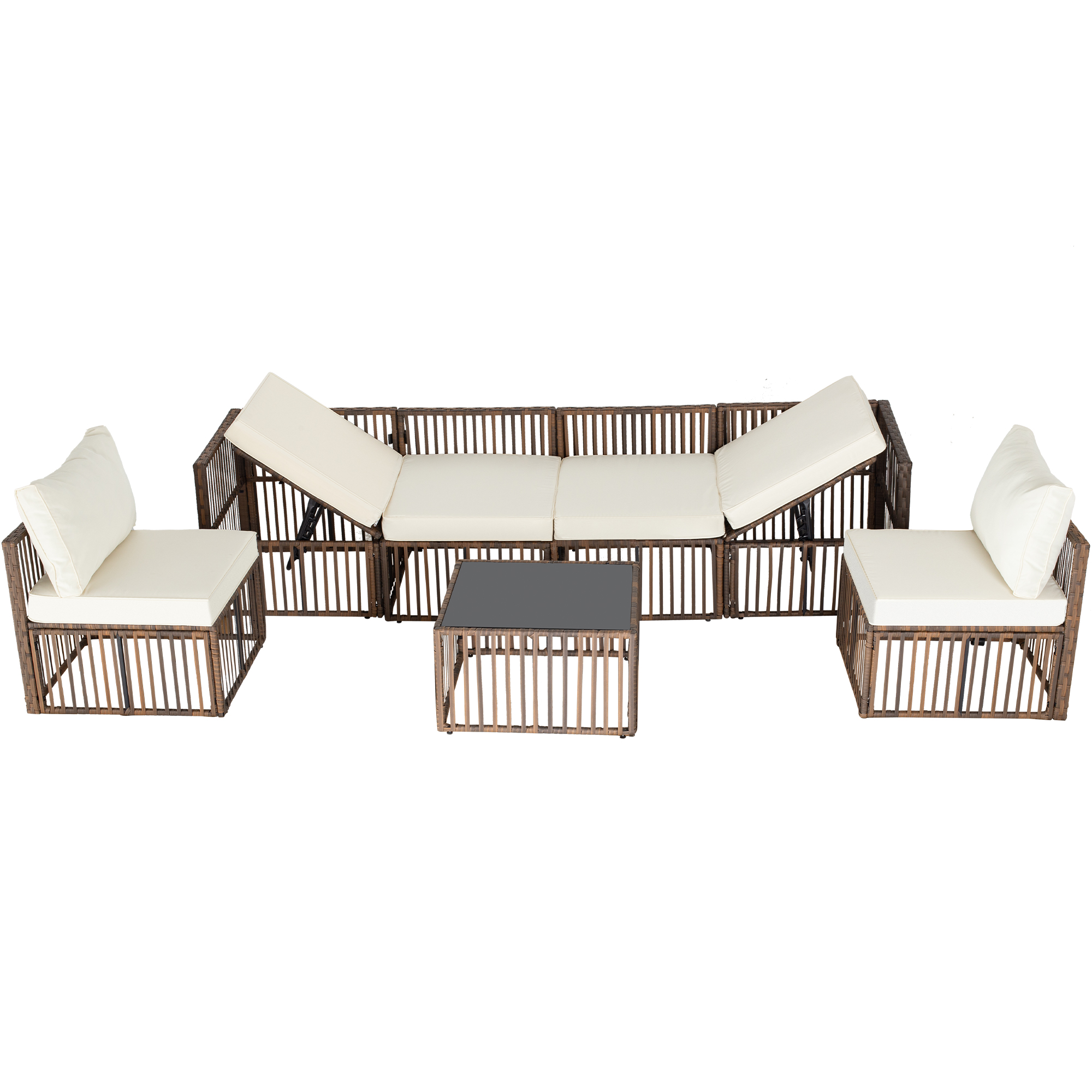 7-Piece Outdoor Patio Furniture Set – PE Rattan Sectional Sofa with Cushions & Coffee Table, All-Weather Wicker, Removable Covers，Gray/Blue/Brown