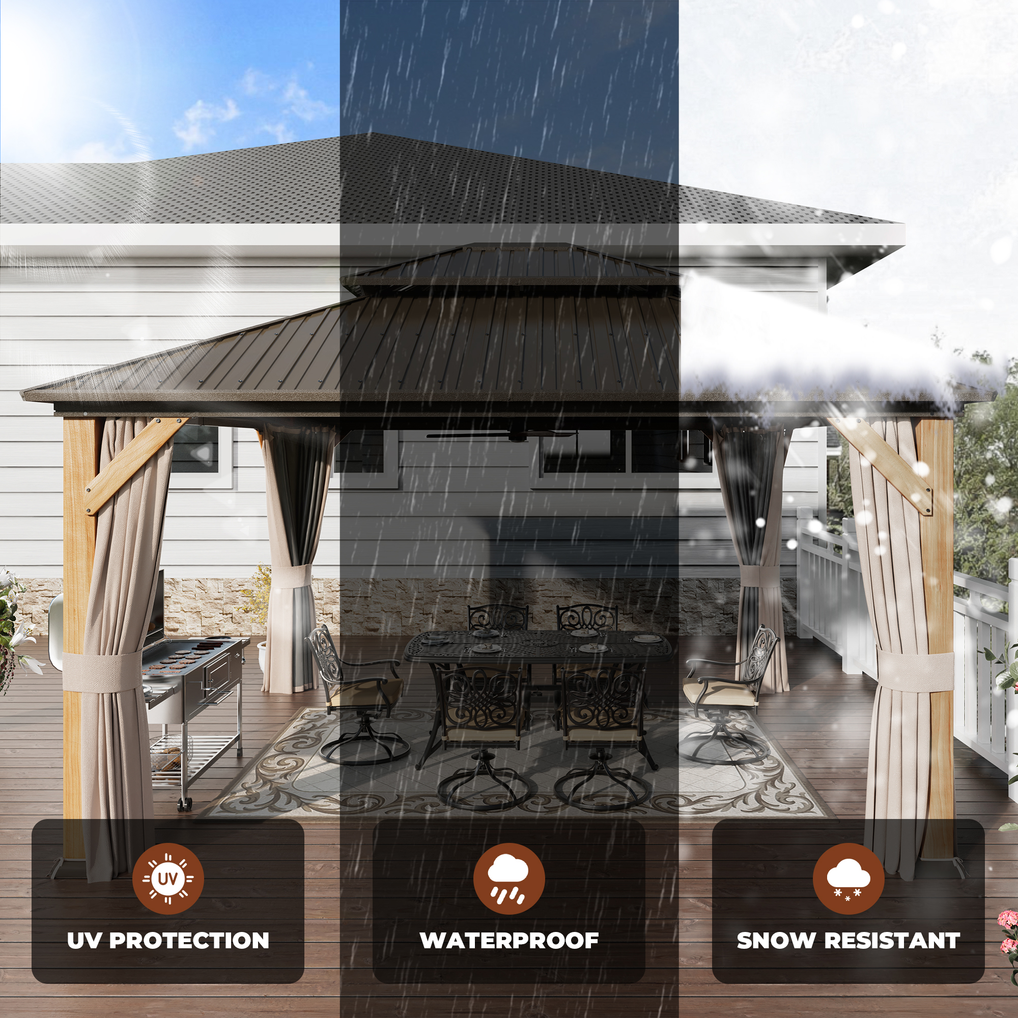 Cedar Frame Hard Top Gazebo with Galvanized Steel Double Roof, Curtain and Net, Outdoor Wooden Gazebo Pergola for Patio Lawn Backyard