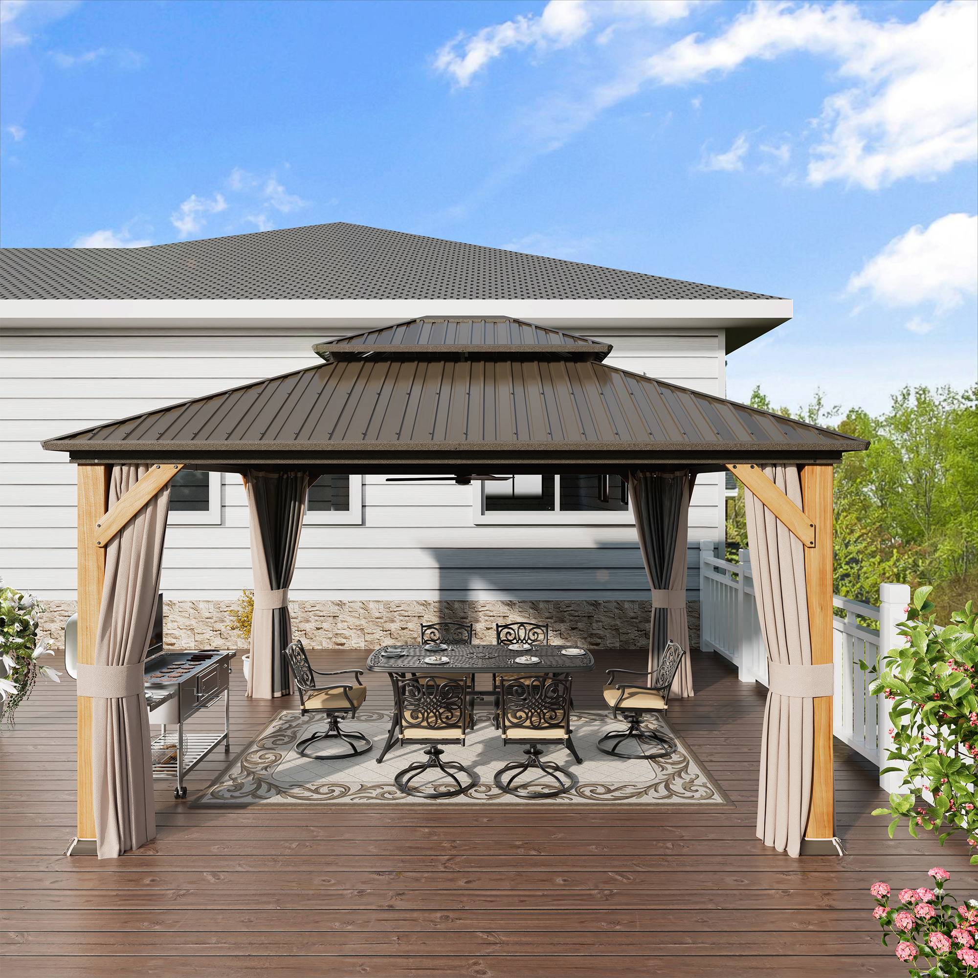 Cedar Frame Hard Top Gazebo with Galvanized Steel Double Roof, Curtain and Net, Outdoor Wooden Gazebo Pergola for Patio Lawn Backyard