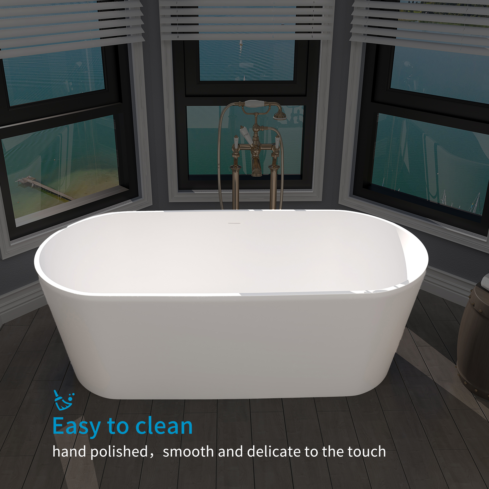 63" Matte White Faux Stone Freestanding Soaking Tub with Drain , Eco-friendly materials, hand-polished, freestanding soaking tub