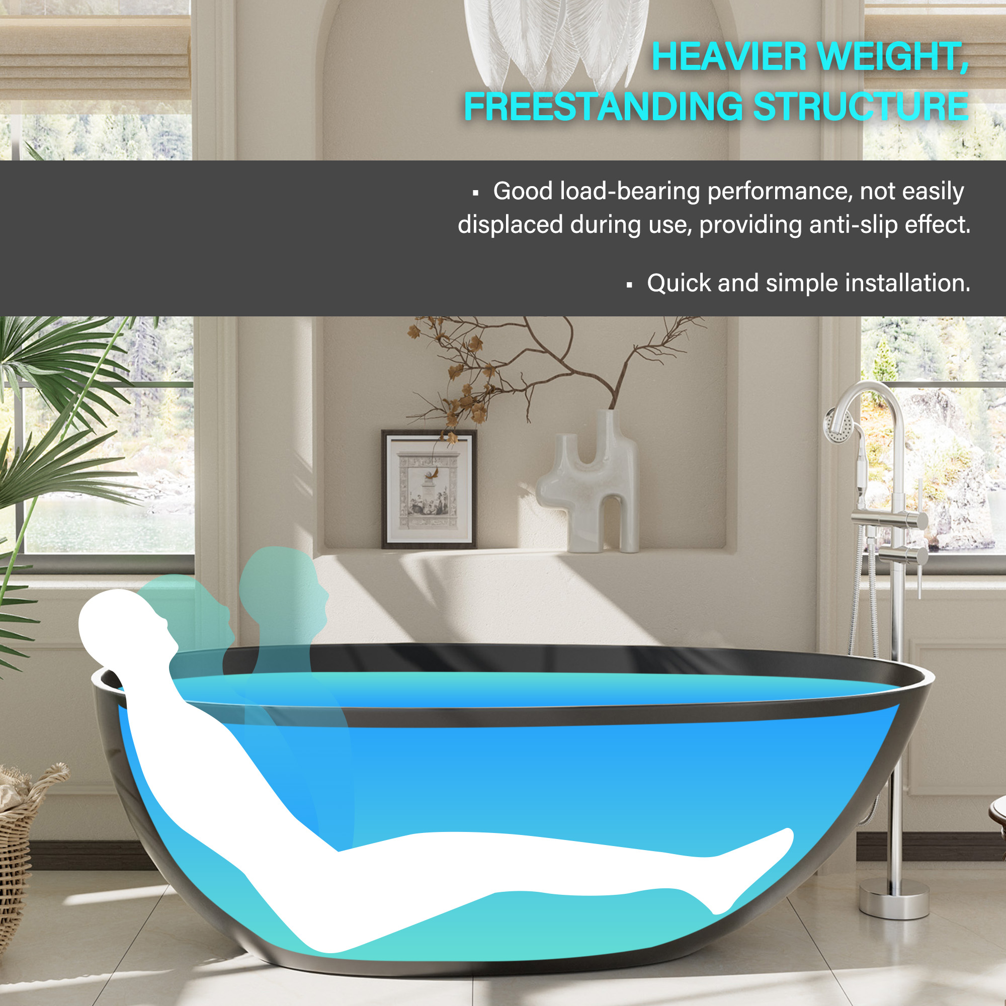 Luxury 59" Solid Surface White Freestanding Soaking Bathtub with Drain