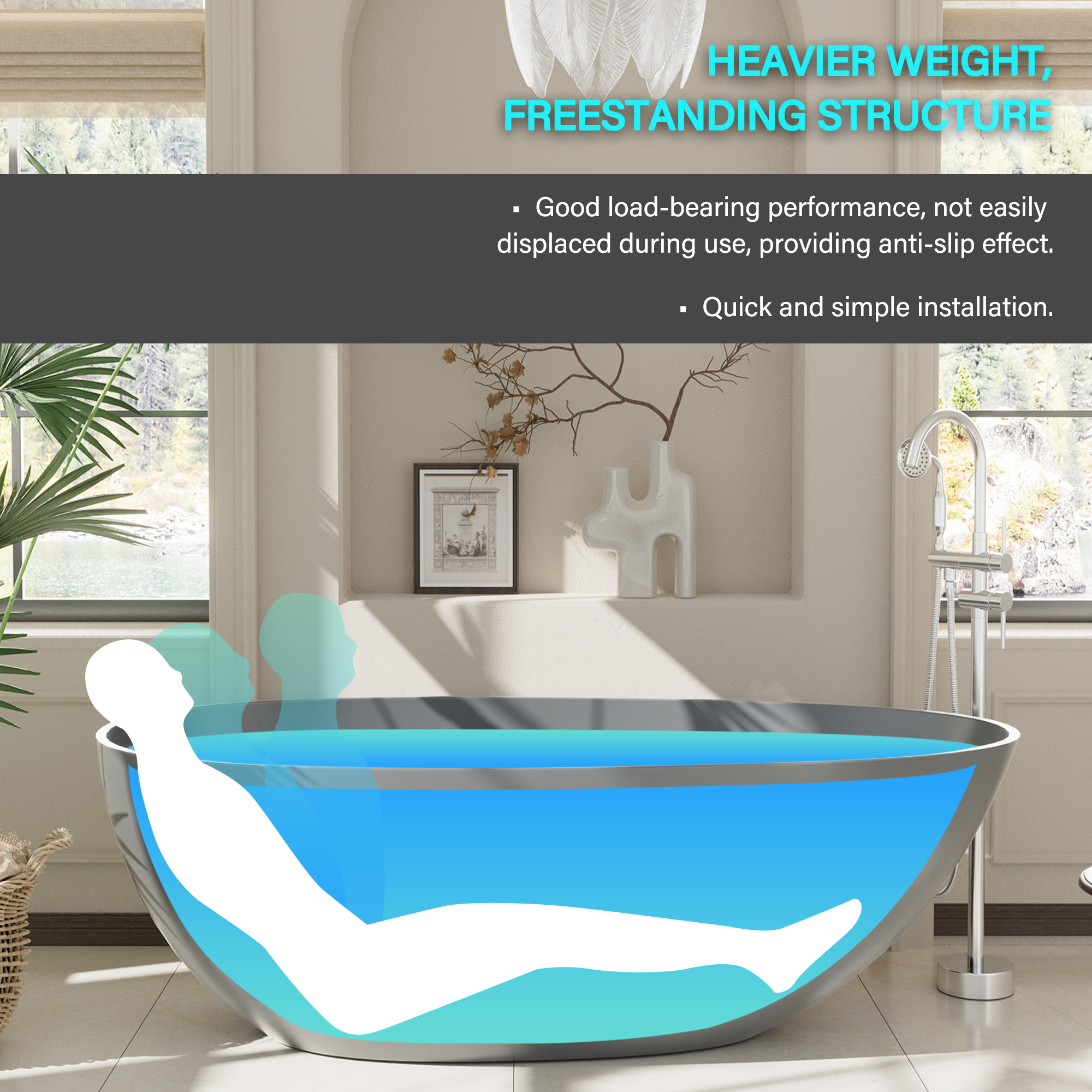 Luxury 59" Solid Surface White Freestanding Soaking Bathtub with Drain