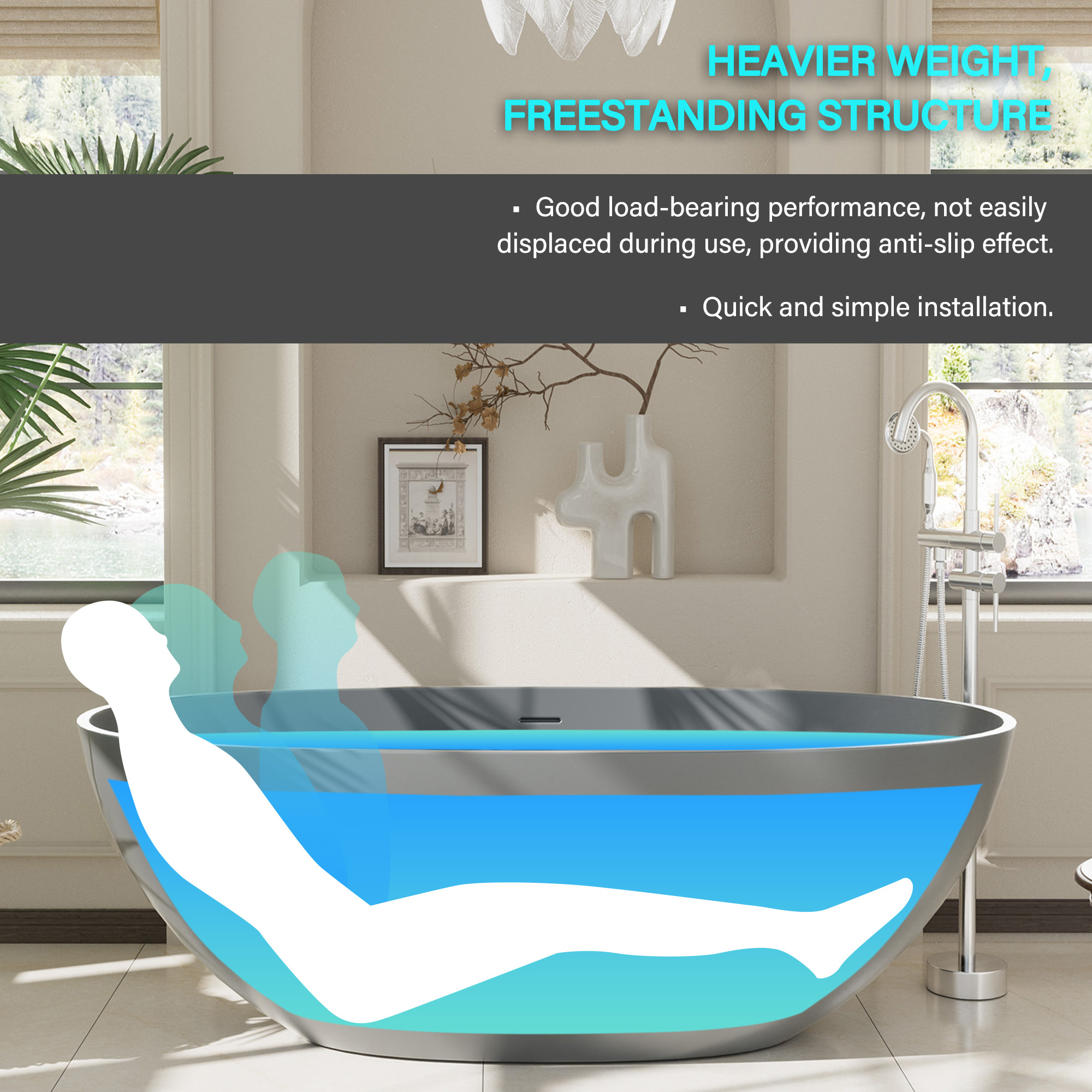 65" Solid Surface Oval Soaking Bathtub with Drain