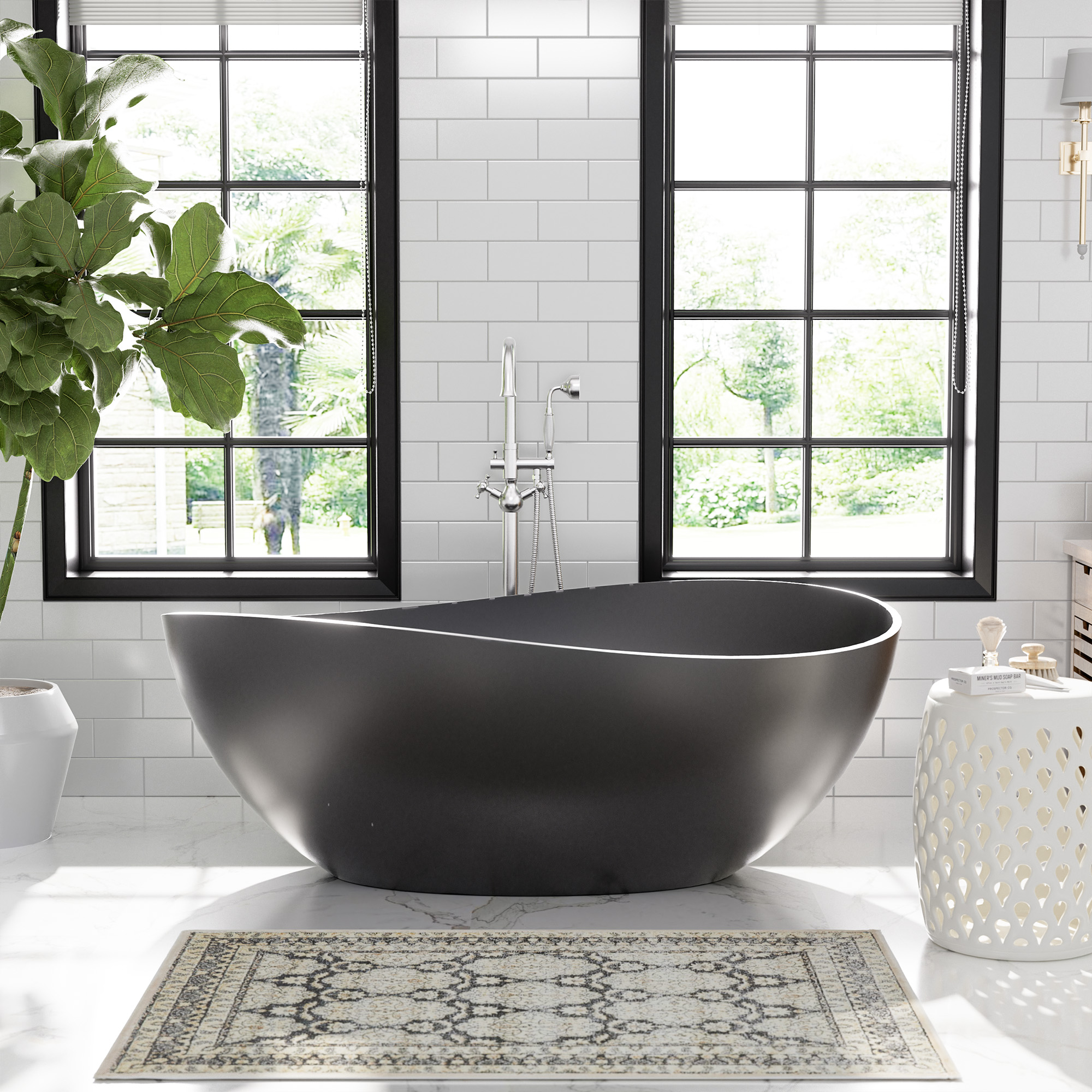 63" Free Standing Tub, Matte White Stone Resin Freestanding Bathtub Solid Surface Soaking Tub with Drain, Drain Hose & Sanding Paper