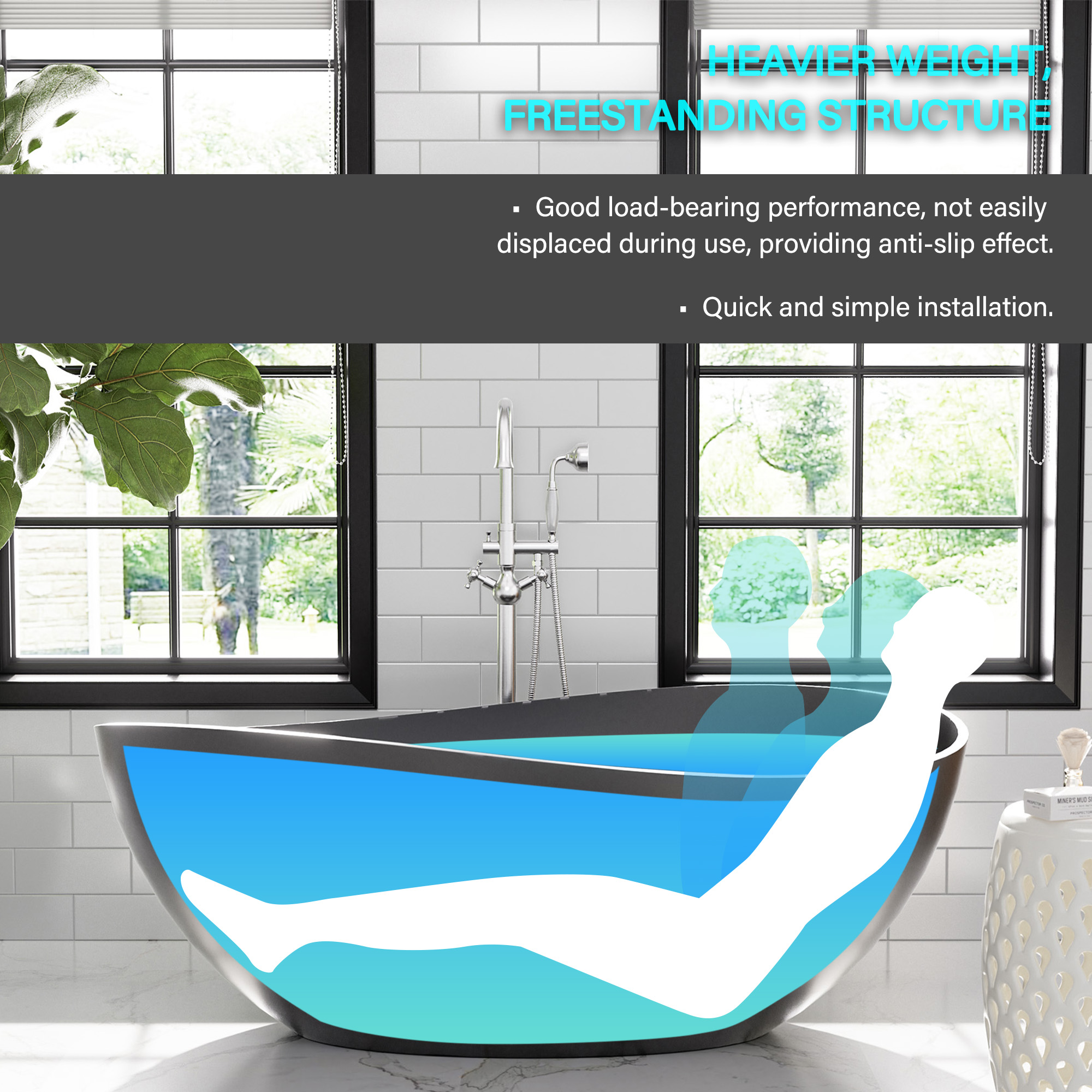 63" Free Standing Tub, Matte White Stone Resin Freestanding Bathtub Solid Surface Soaking Tub with Drain, Drain Hose & Sanding Paper