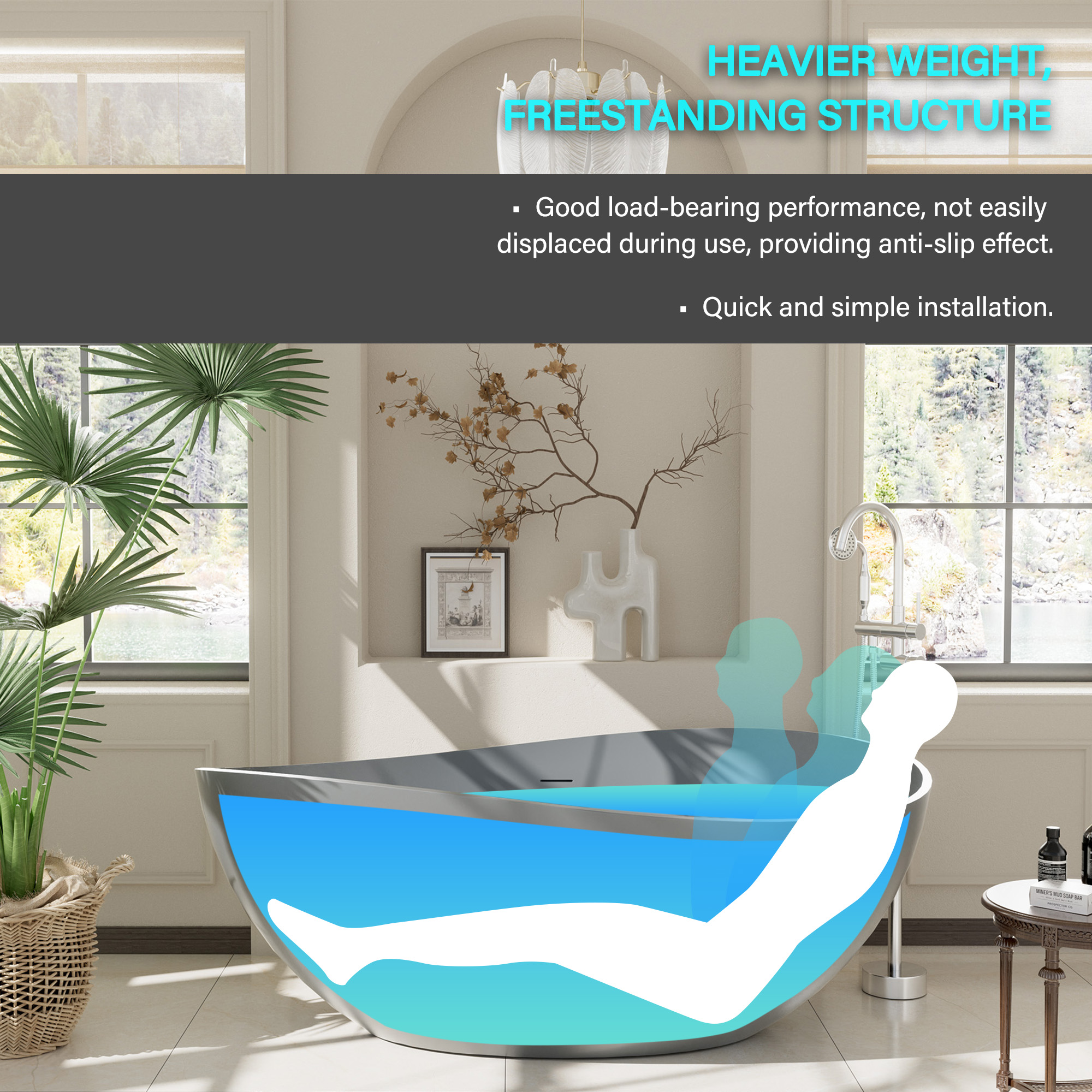 63" Free Standing Tub, Matte White Stone Resin Freestanding Bathtub Solid Surface Soaking Tub with Drain, Drain Hose & Sanding Paper