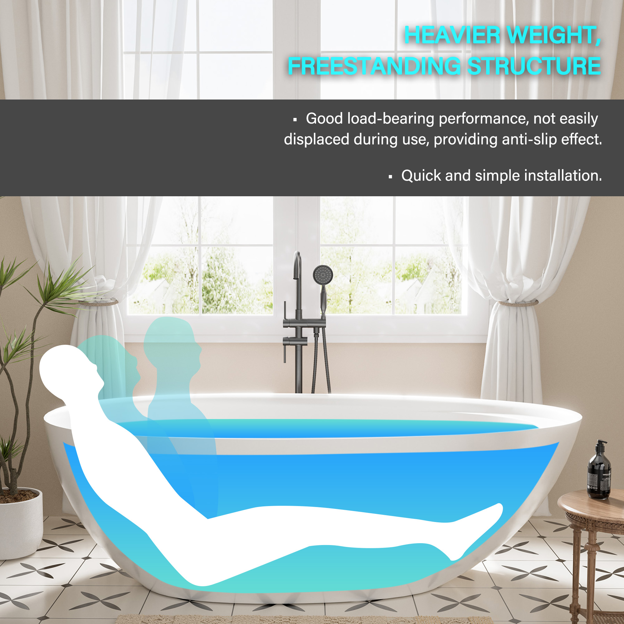 Boyel living 67" Free Standing Tub, Stone Resin Freestanding Tub Large Space Solid Surface Matte White Soaking Tub with Drain, Drain Hose & Sanding Paper