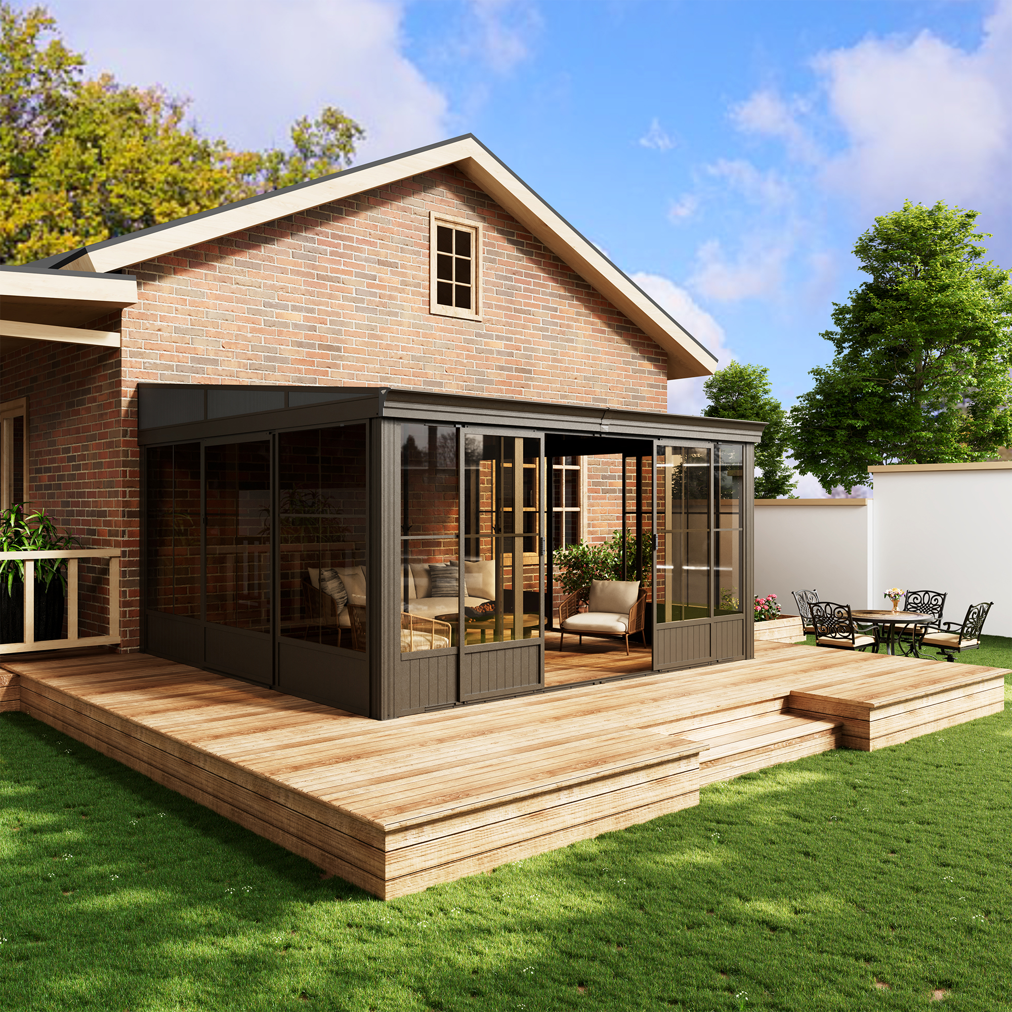 12 ft. x 14 ft. Wall Mounted Gazebo, All-Season Patio Gazebo Sunroom with Side Door, Outdoor Permanent Sunroom