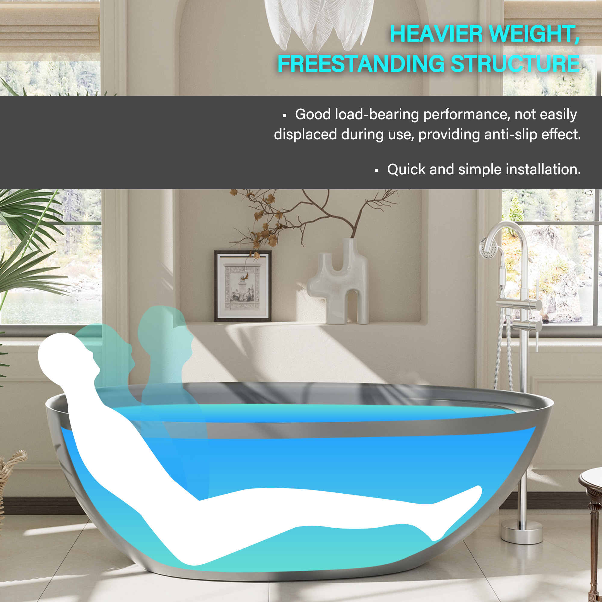 Boyel living 67" Free Standing Tub, Stone Resin Freestanding Tub Large Space Solid Surface Matte White Soaking Tub with Drain, Drain Hose & Sanding Paper