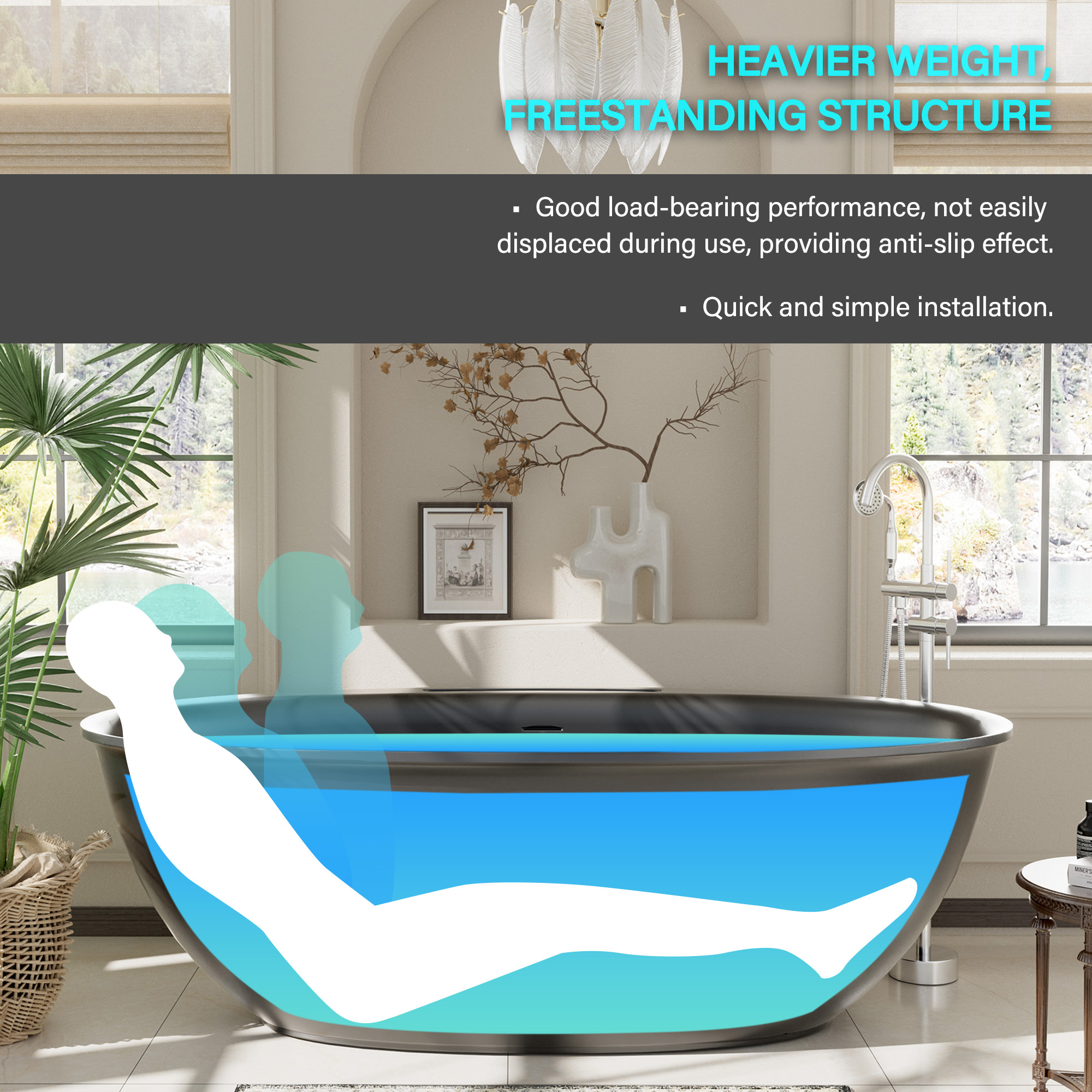 63" Free Standing Tub Stone Resin Freestanding Bathtub Matte White Solid Surface Soaking Tub with Drain, Drain Hose & Sanding Paper