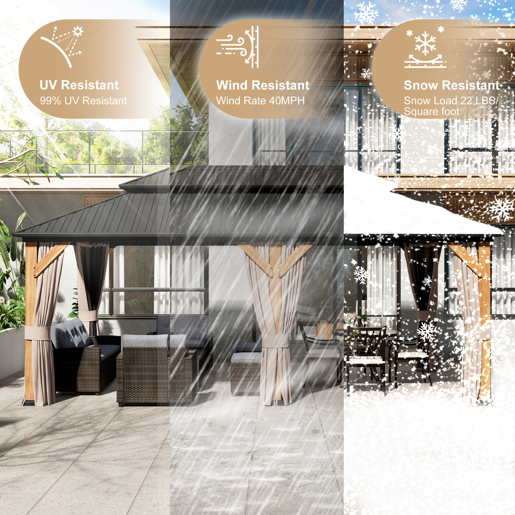 Outdoor Cedar Wood Frame Canopy with Galvanized Steel Double Roof, Outdoor Permanent Metal Pavilion with Curtains and Netting for Patio, Backyard and Lawn