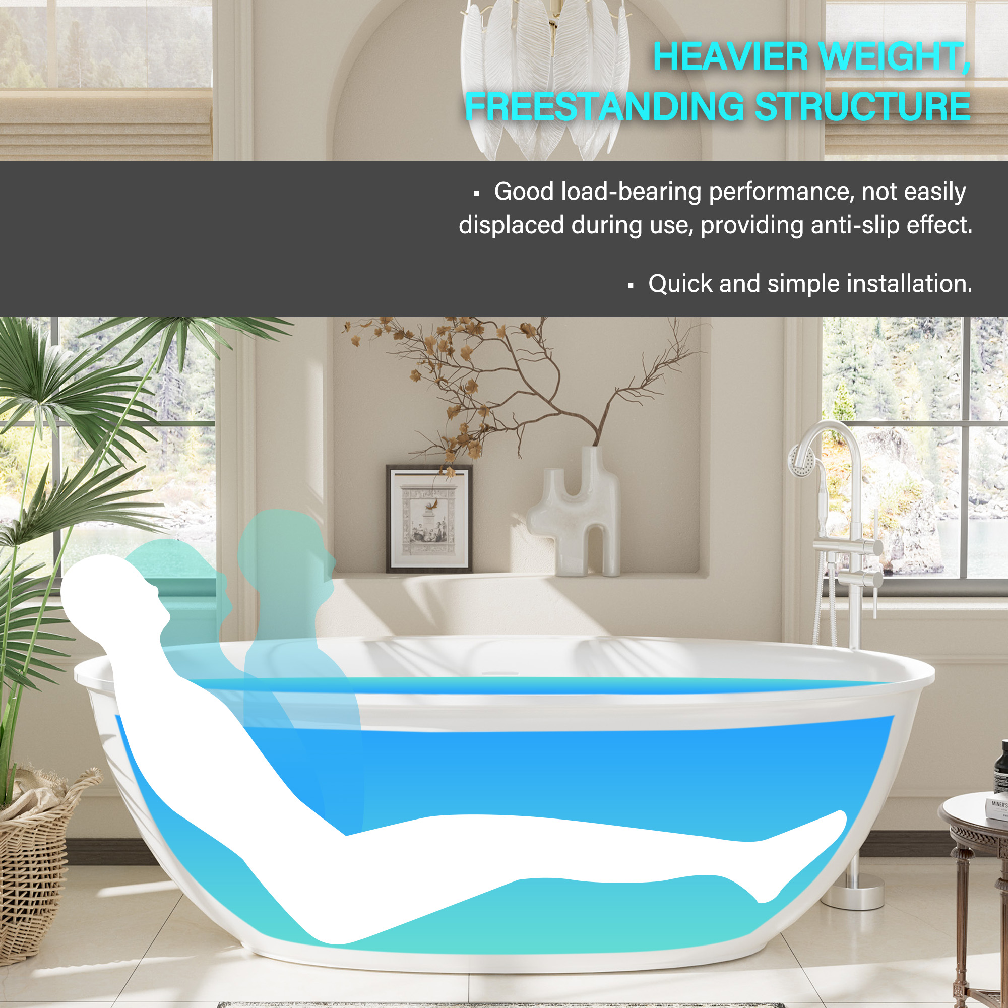 63" Free Standing Tub Stone Resin Freestanding Bathtub Matte White Solid Surface Soaking Tub with Drain, Drain Hose & Sanding Paper