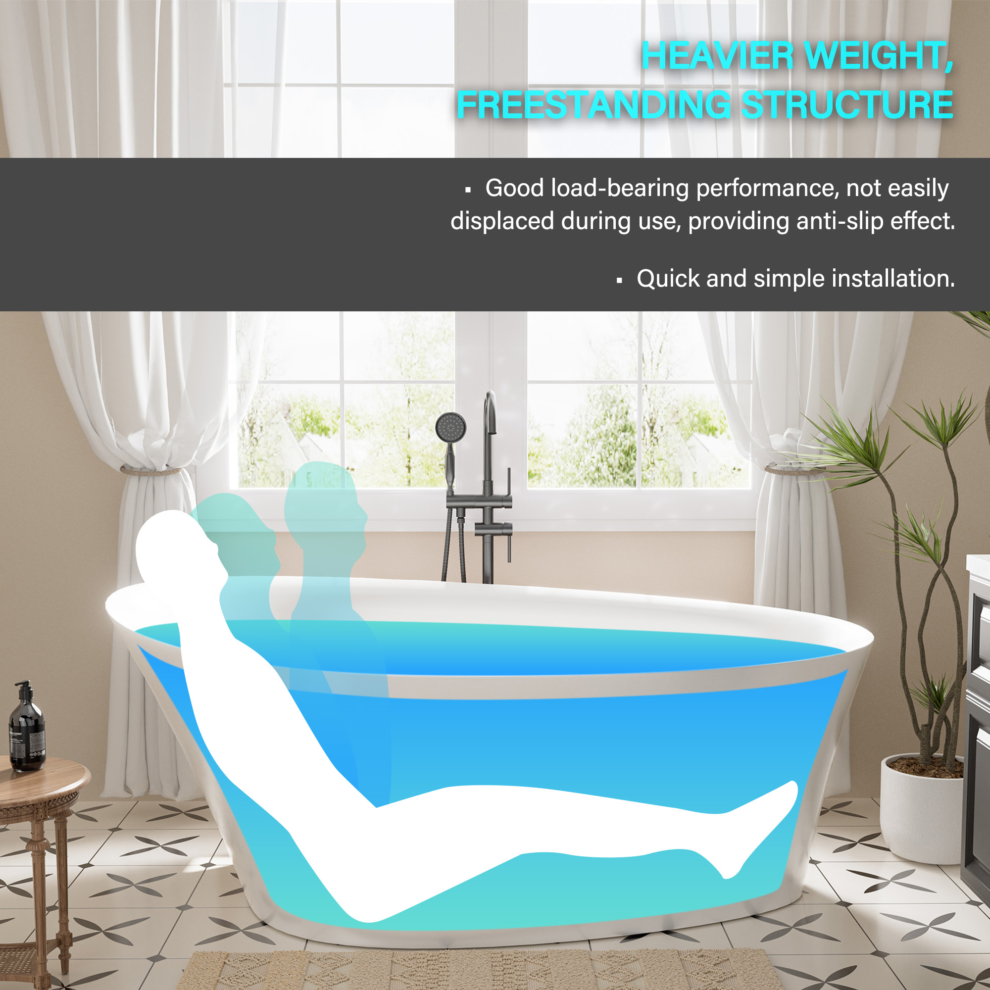 Boyel Living Matte white 65-inch artificial stone freestanding bathtub, can match any decoration style, 65"(L) x 37"(W) x 24"(H)