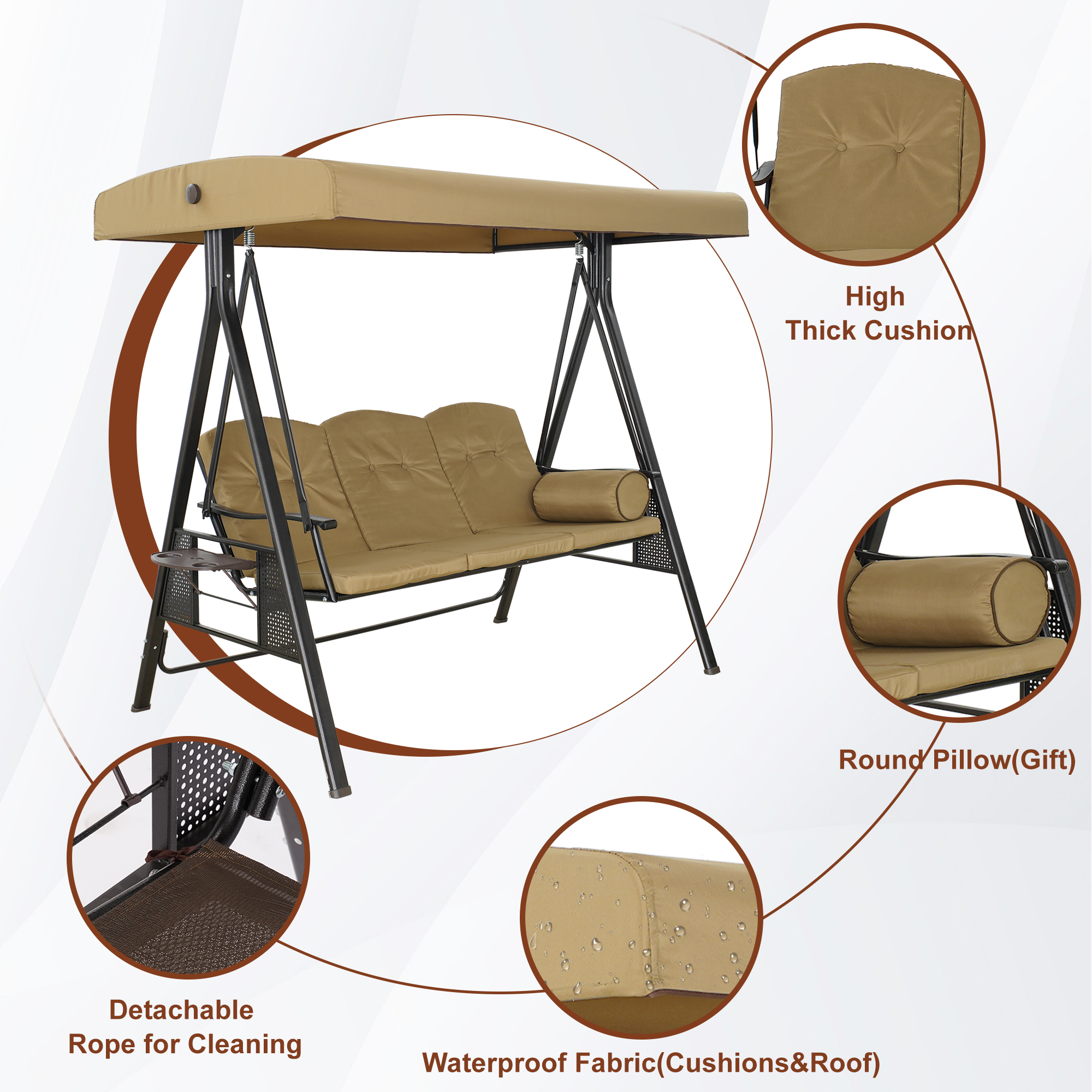 Steel 3 Person Patio Swing Chair Swinging Outdoor Chair with Removable Mat, Cushion and Convertible Canopy