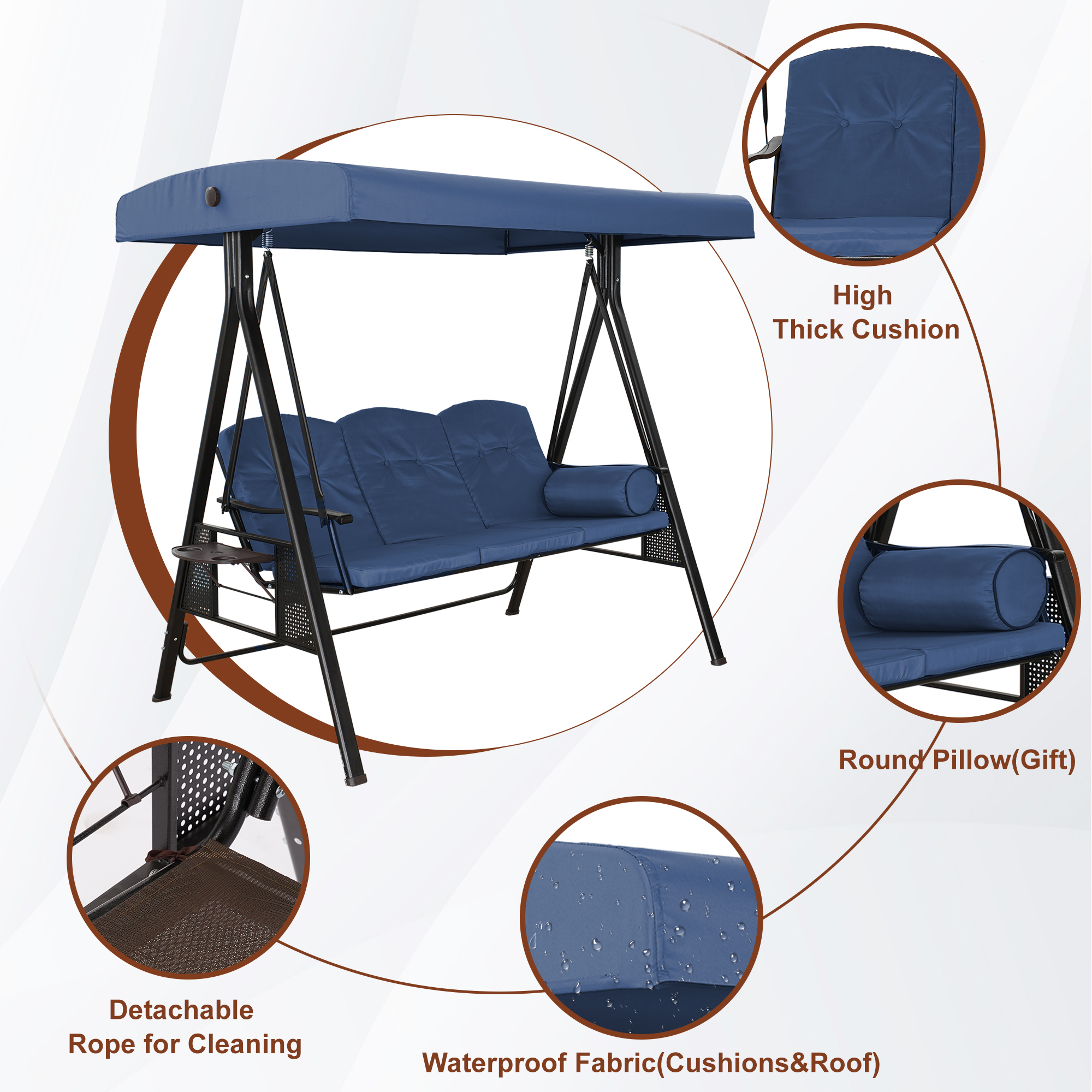 Steel 3 Person Patio Swing Chair Swinging Outdoor Chair with Removable Mat, Cushion and Convertible Canopy