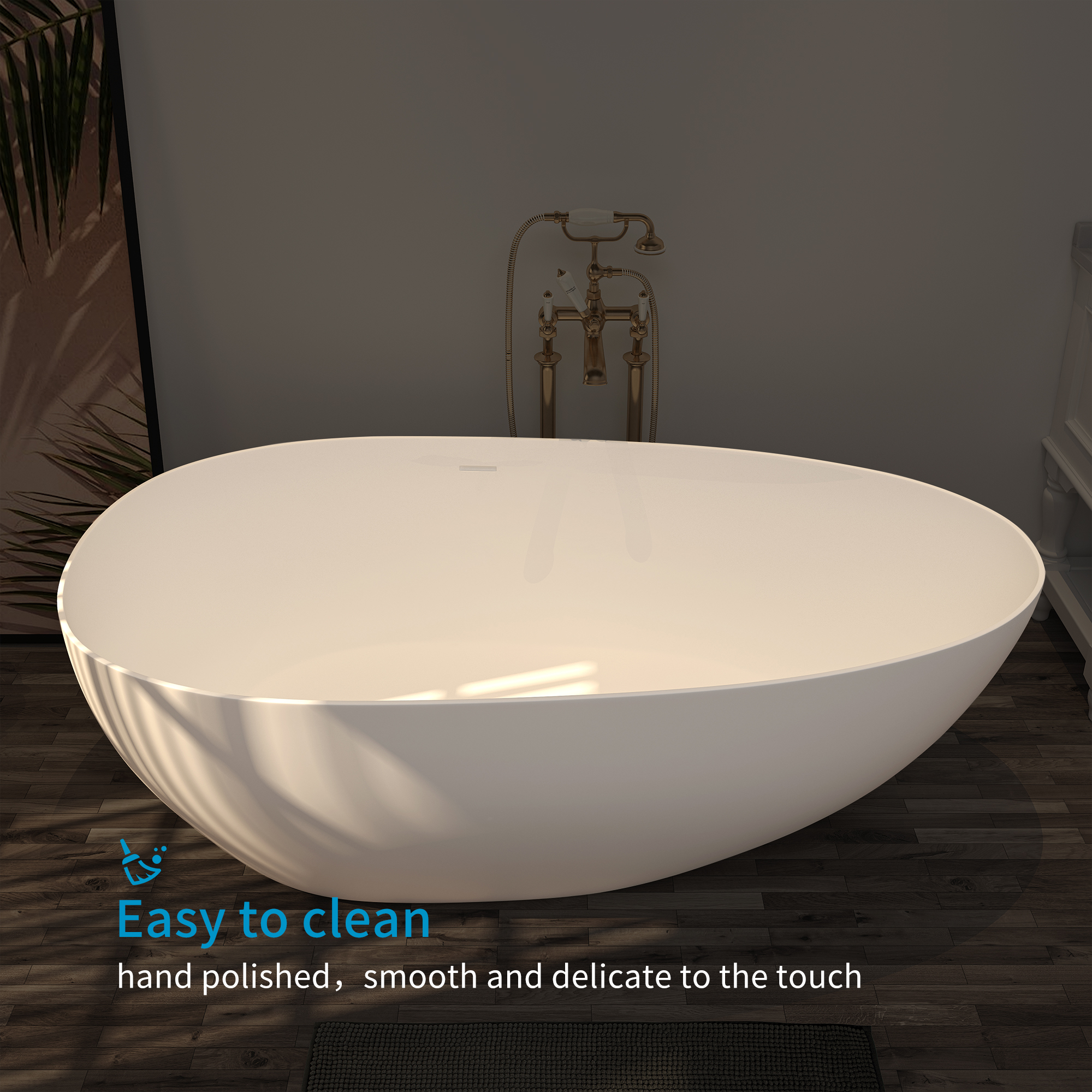 71'' Resin Stone Freestanding Bathtub, Solid Surface Matte White Free Standing Tub, Egg Shape Stand Alone Soaking Tubs with Drain, Drain Hose & Sanding Paper