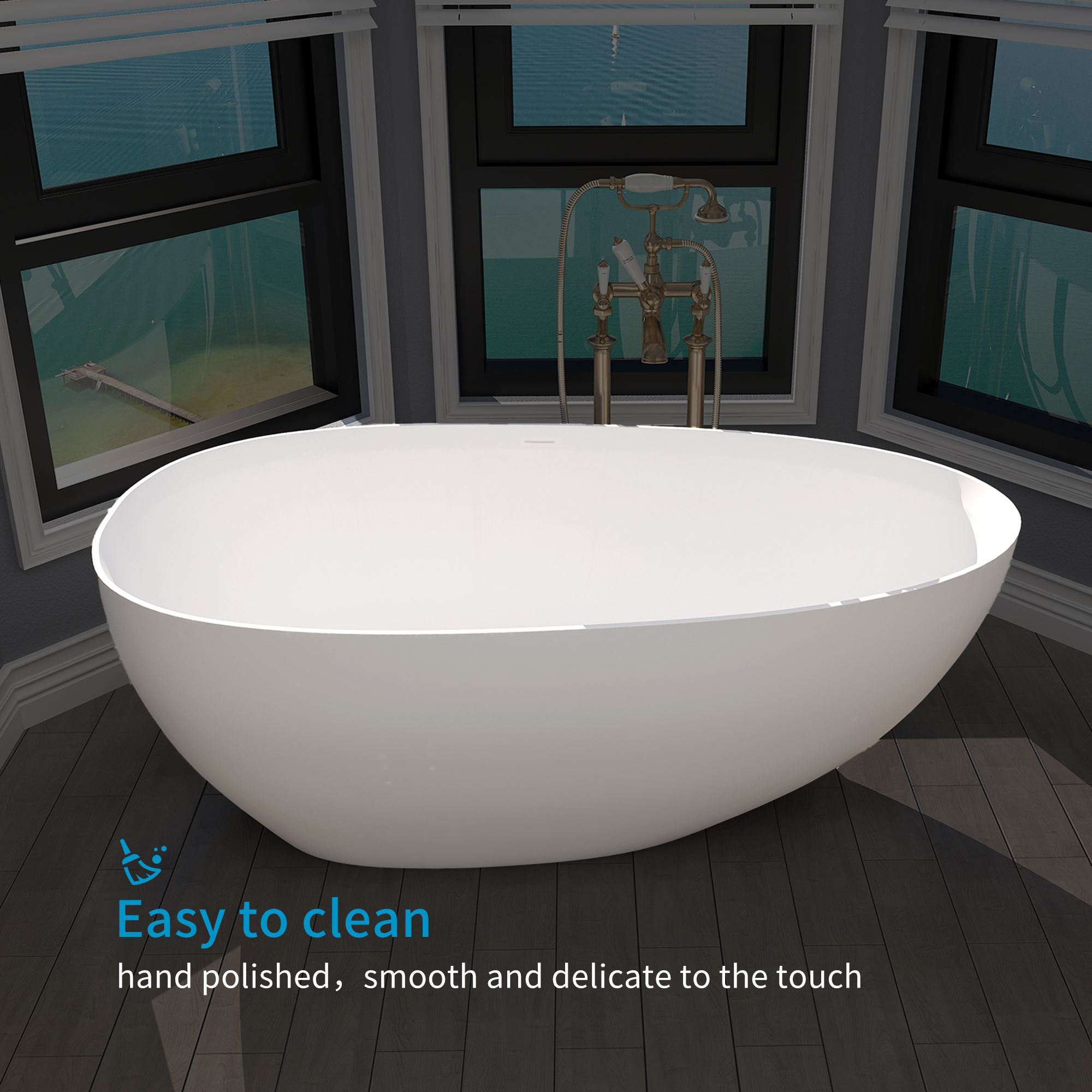 63 in. Solid Surface Free-Standing Bathtub with Centre Drain in Matte White