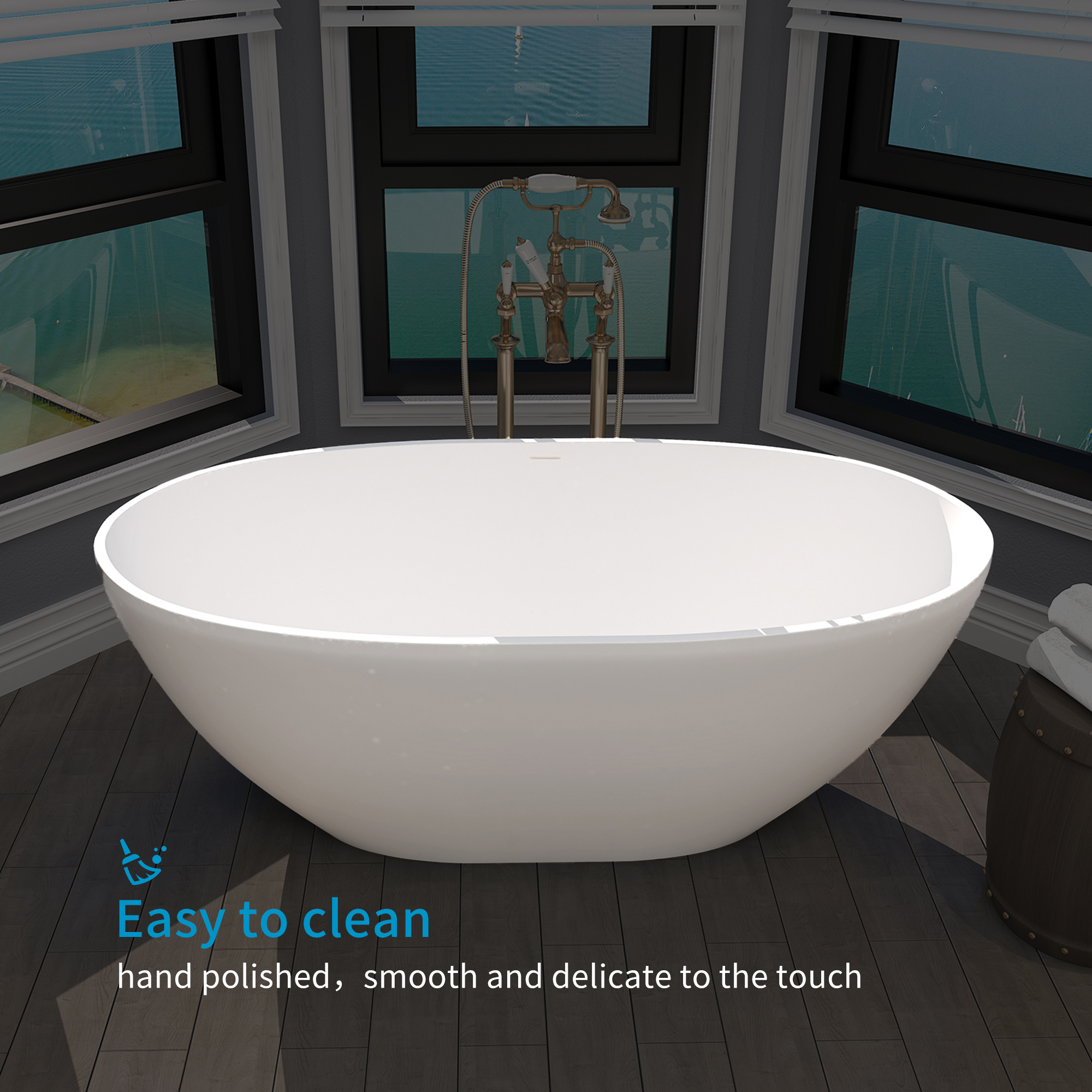 Boyel Livong 61" Matte White Faux Stone Freestanding Soaking Tub with Drain